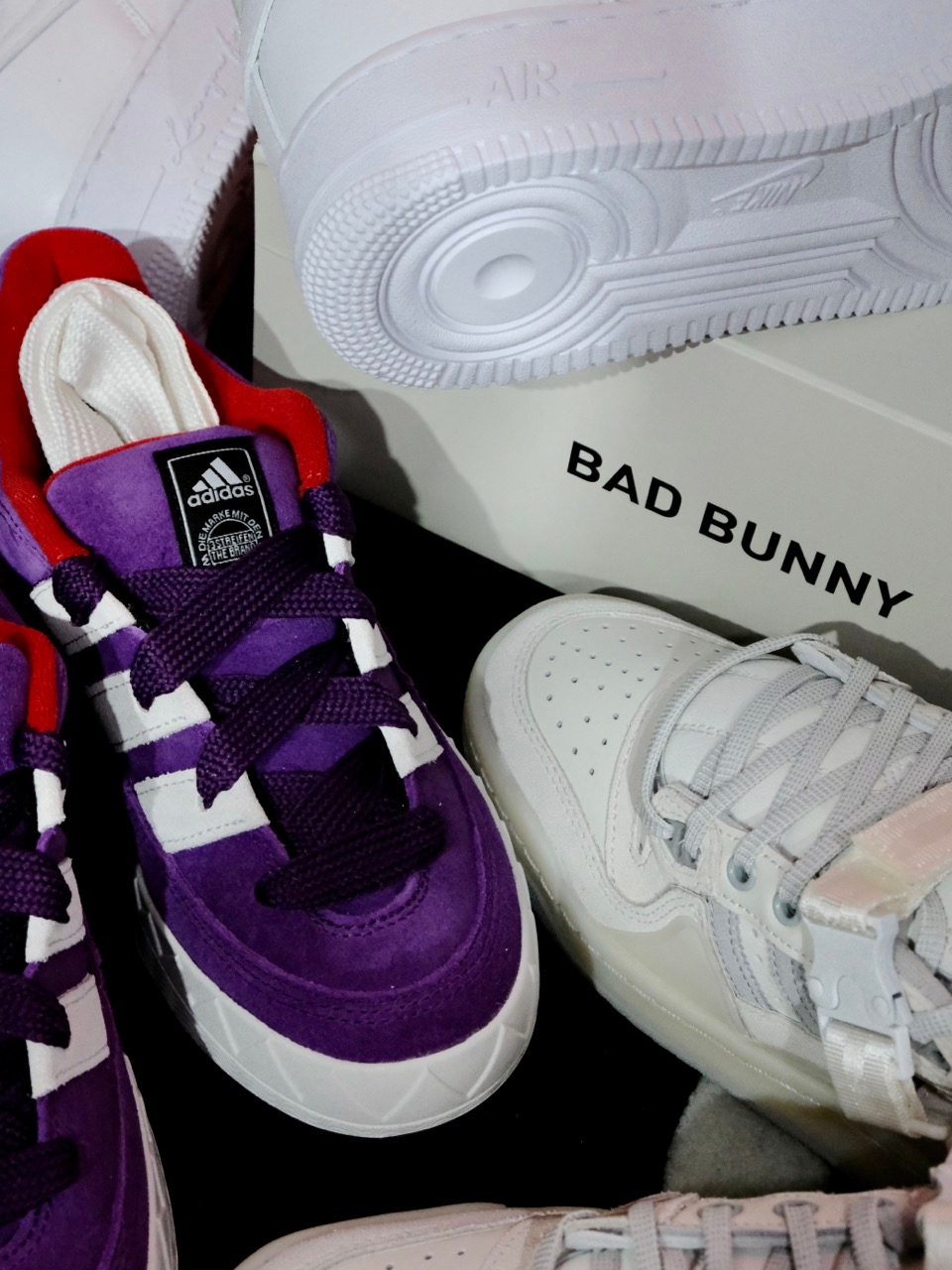 Adidas x Atmos Adimatic Glory Purple, Adidas x Bad Bunny Forum Low Cloud White Clear Onix 착용 스타일