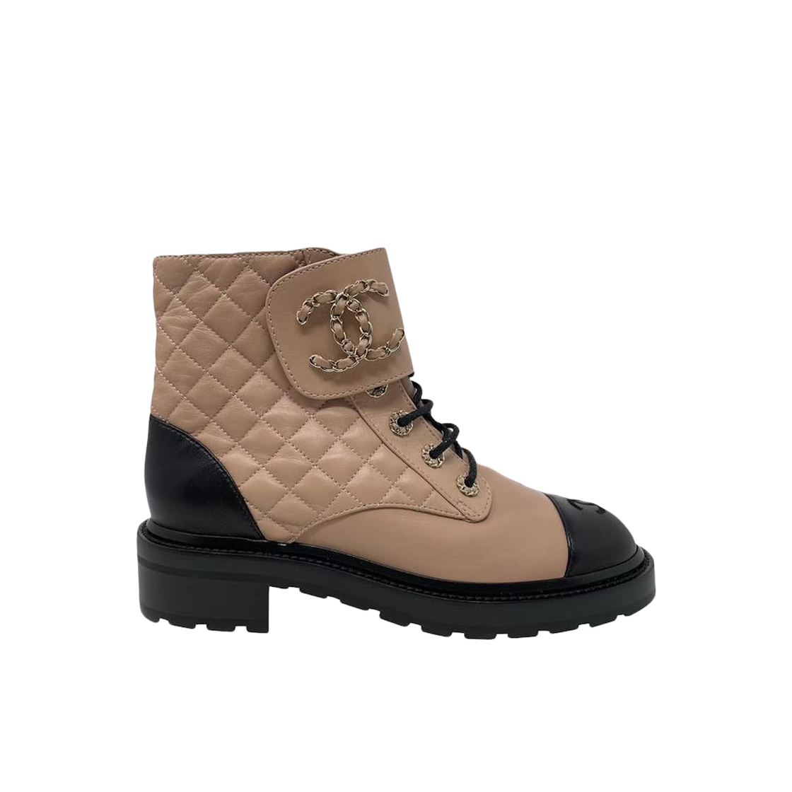 (W) 샤넬 레이스업 샤이니 램스킨 & 베이지 블랙((W) Chanel Lace-Up Shiny Lambskin & Beige Black) - 1