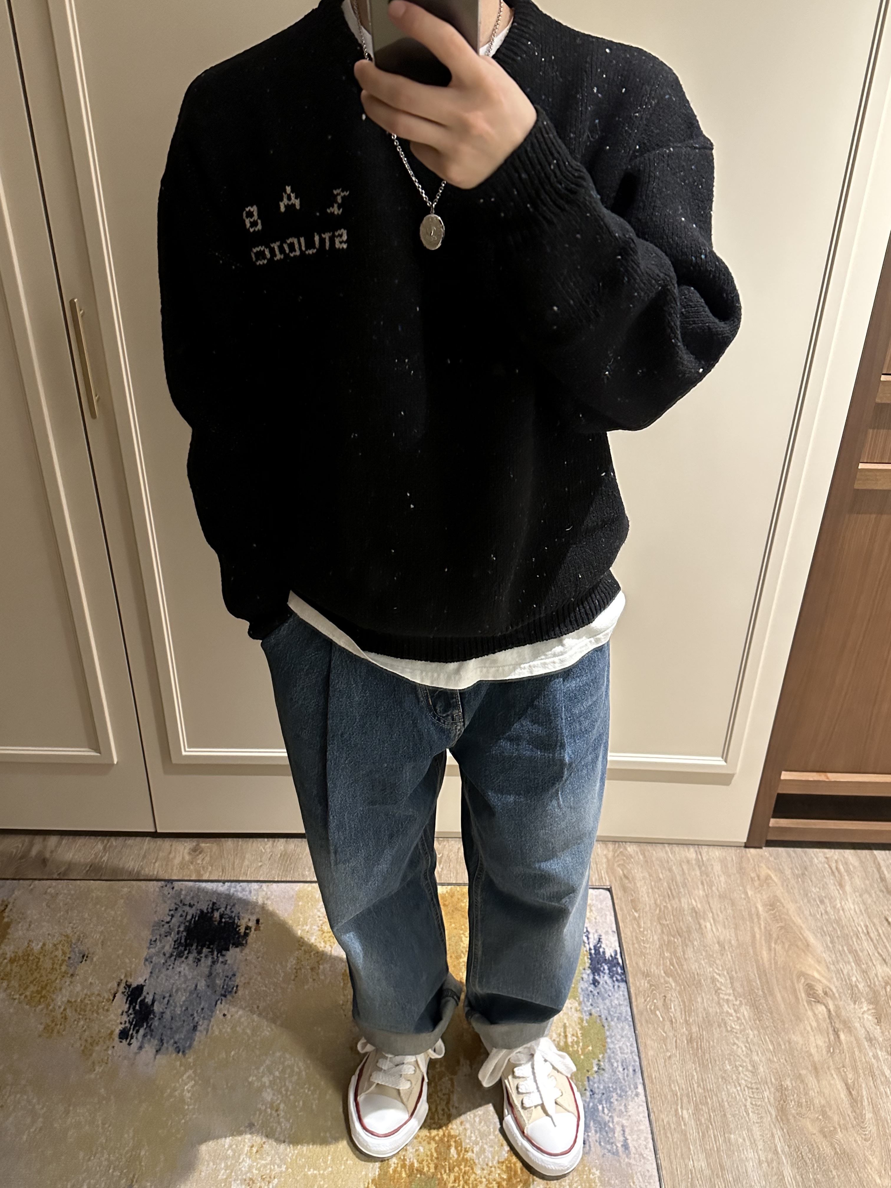 IAB Studio Knit Black, Maison Mihara Yasuhiro Peterson OG Sole Canvas Low-top Sneakers Natural 착용 스타일 - 3