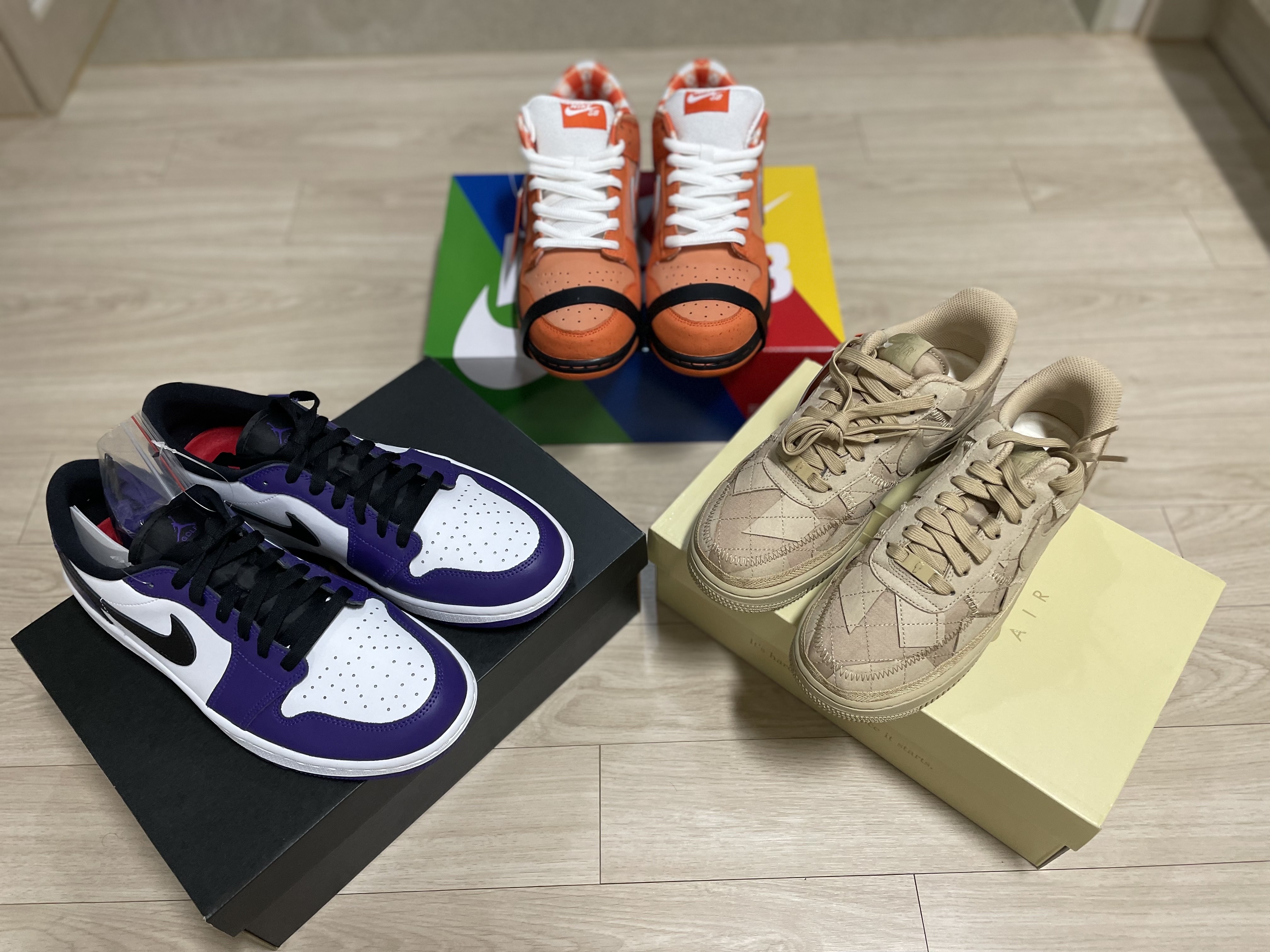 Nike x Concepts SB Dunk Low Orange Lobster (Regular Box), Jordan 1 Low Golf Court Purple 착용 스타일 - 1