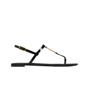 (W) Saint Laurent Cassandra Flat Sandals in Patent Leather with Gold Monogram Black