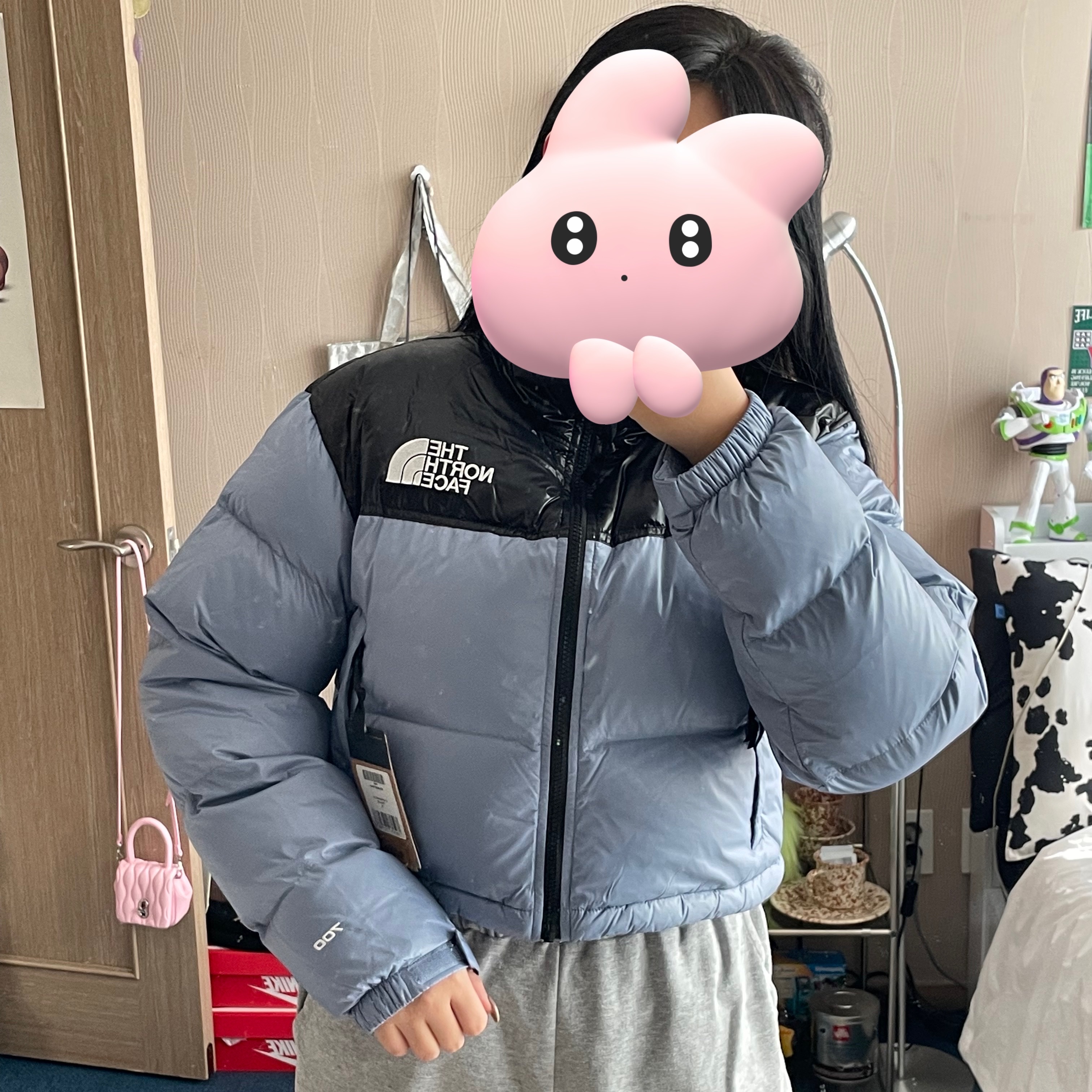 (W) The North Face Nuptse Short Jacket Folk Blue 착용 스타일