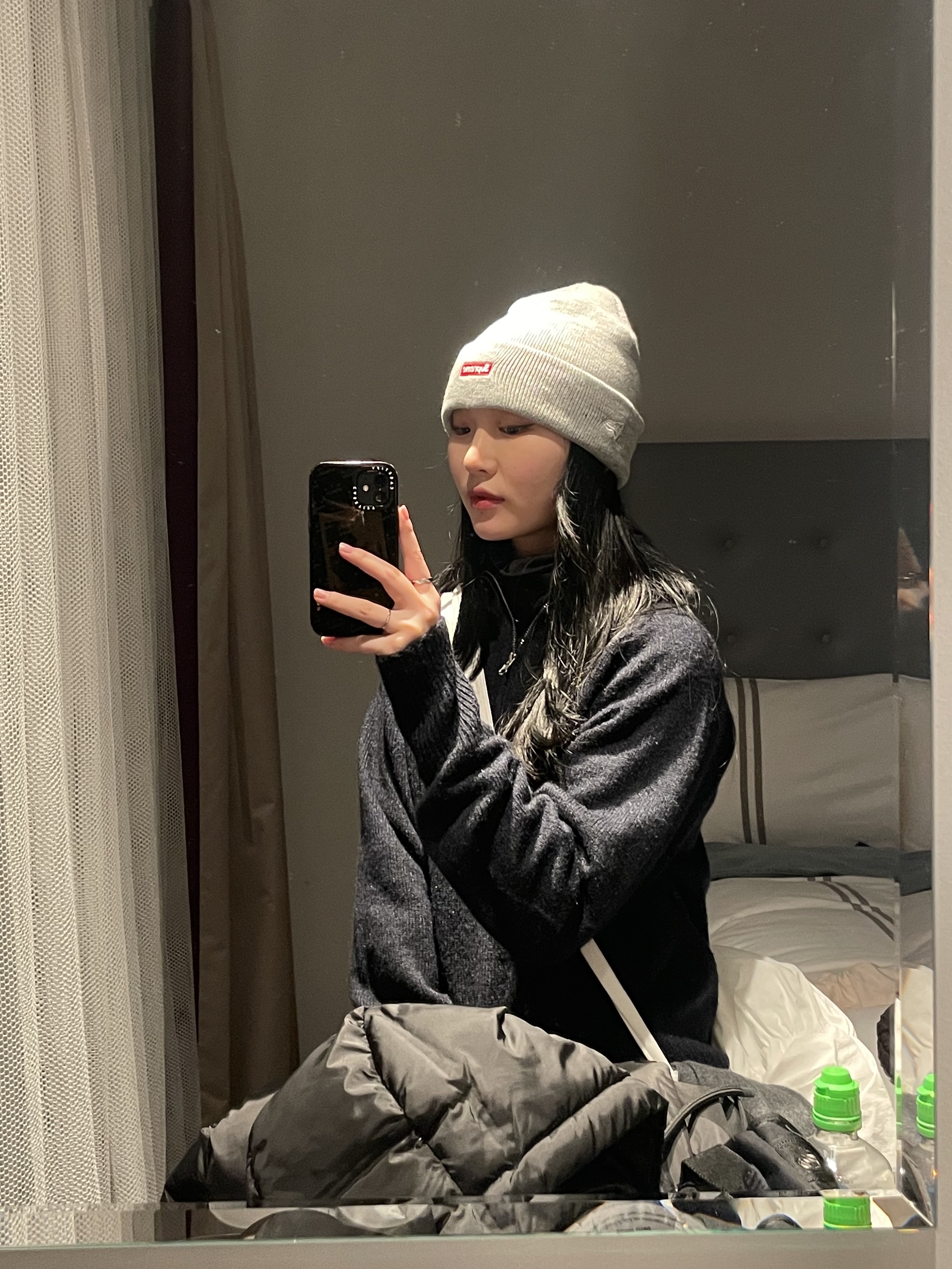 Casetify x IAB Studio iPhone Black Monogram Logo Mirror Case Black, Supreme New Era S Logo Beanie Heather Grey - 22FW 착용 스타일