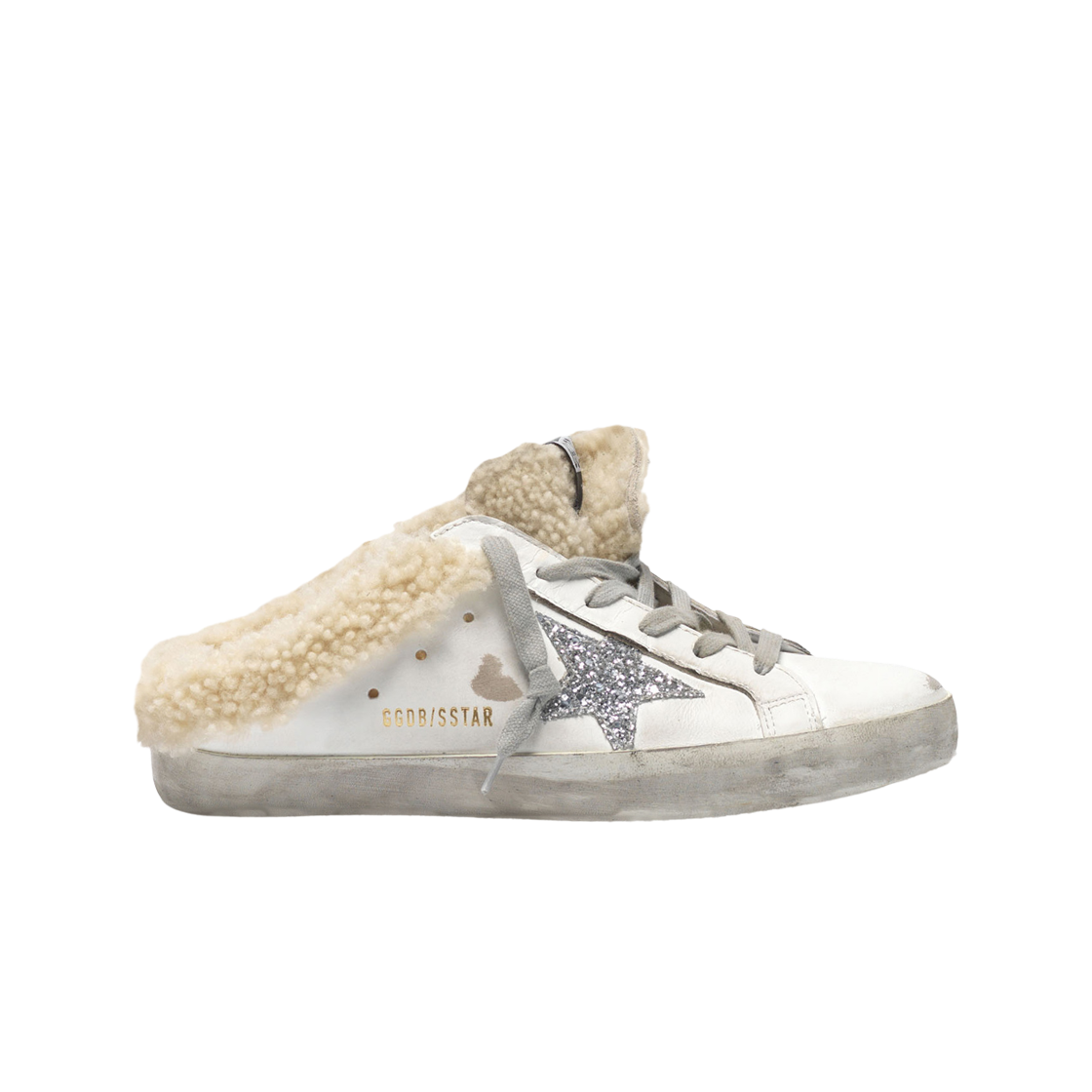 (W) 골든구스 슈퍼스타 실버 글리터 스타 셔링 라이닝 화이트 레더 사보 스니커즈((W) Golden Goose Superstar White Leather with Silver Glitter Star Shearling Lining Sabot Sneakers) - 1