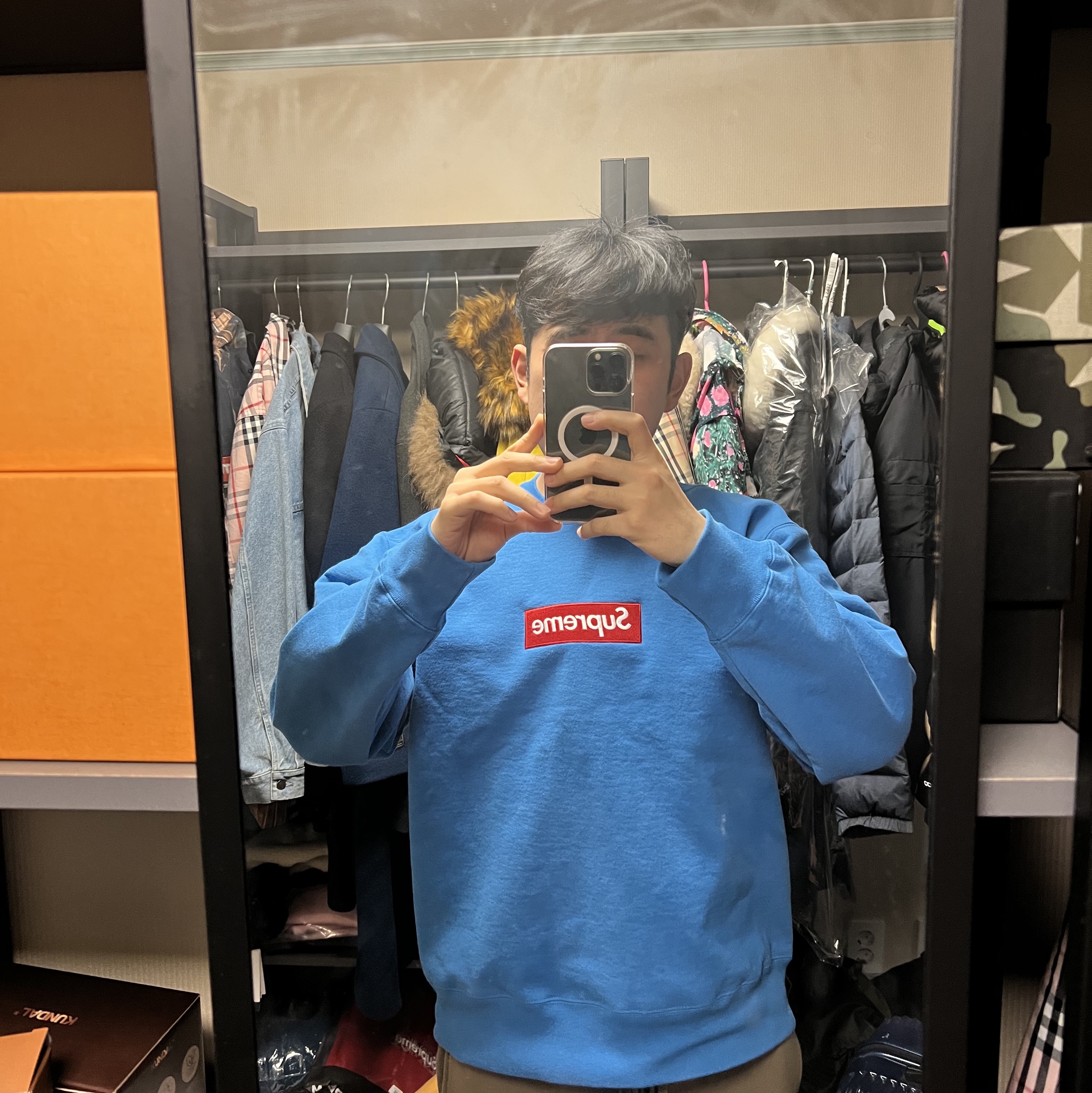 Supreme Box Logo Crewneck Blue - 22FW 착용 스타일