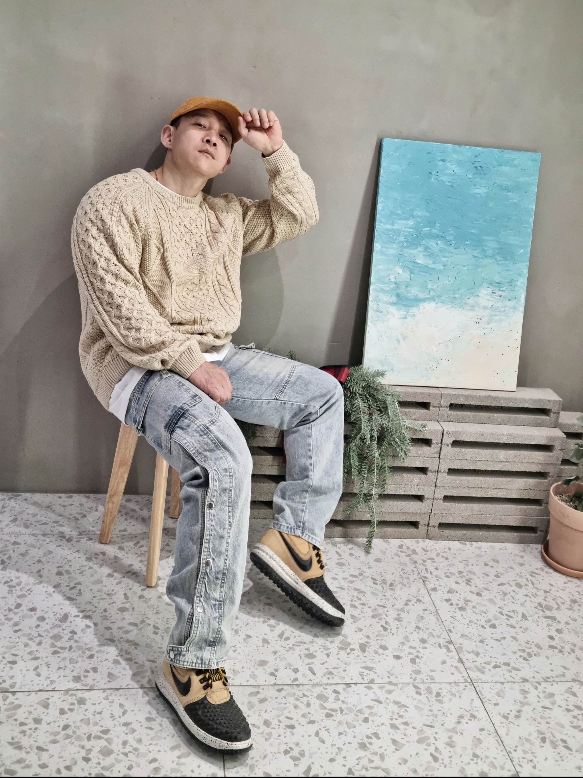 Nike SB Heritage 86 Corduroy WSD Cap Chutney, Nike Cable Knit LS Sweater Rattan - Asia 착용 스타일 - 2
