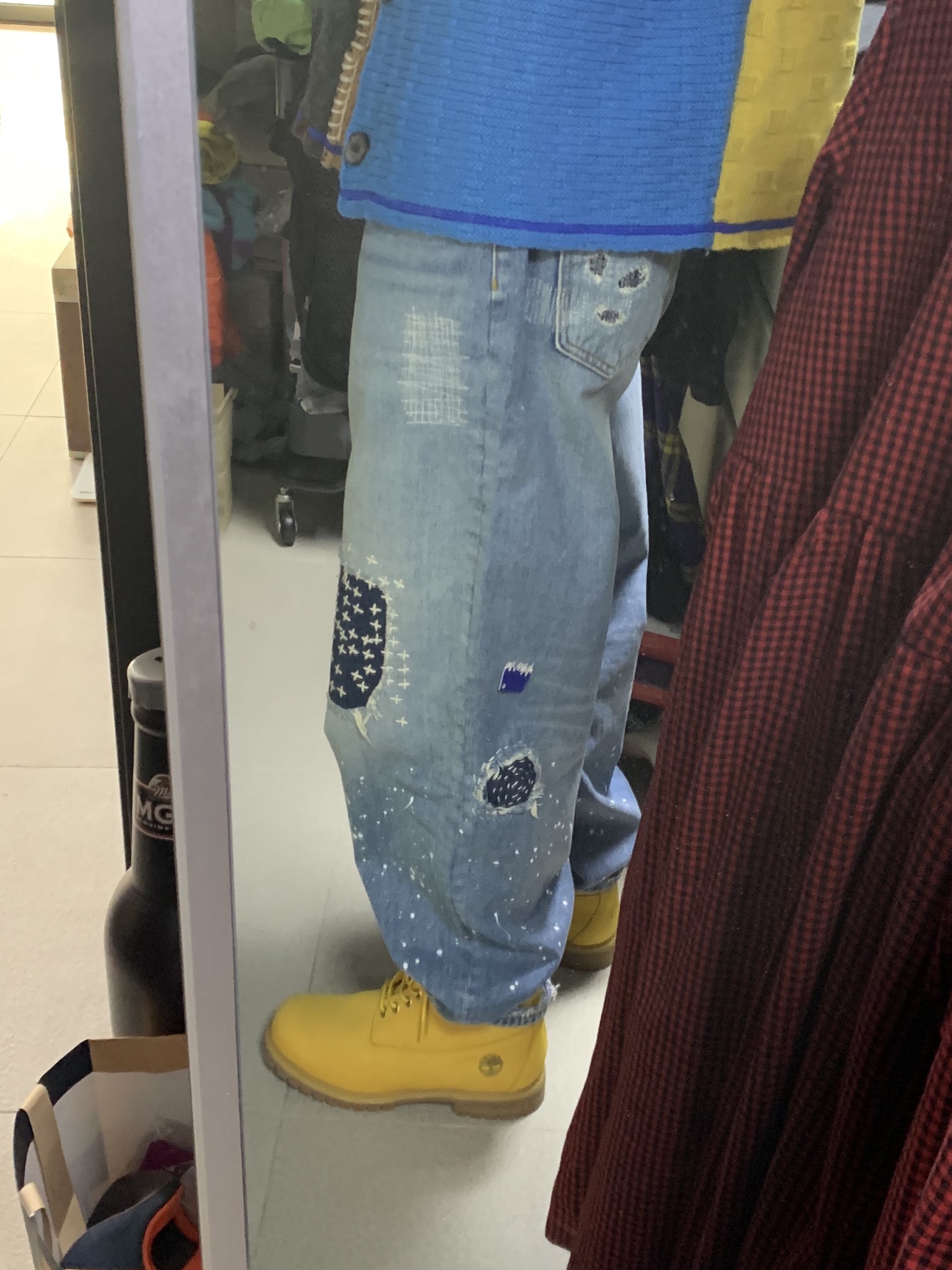 Zara x Ader Error Patchwork Jeans Blue, Zara x Ader Error Patchwork Oversize Knit Cardigan Multicolor 착용 스타일 - 2