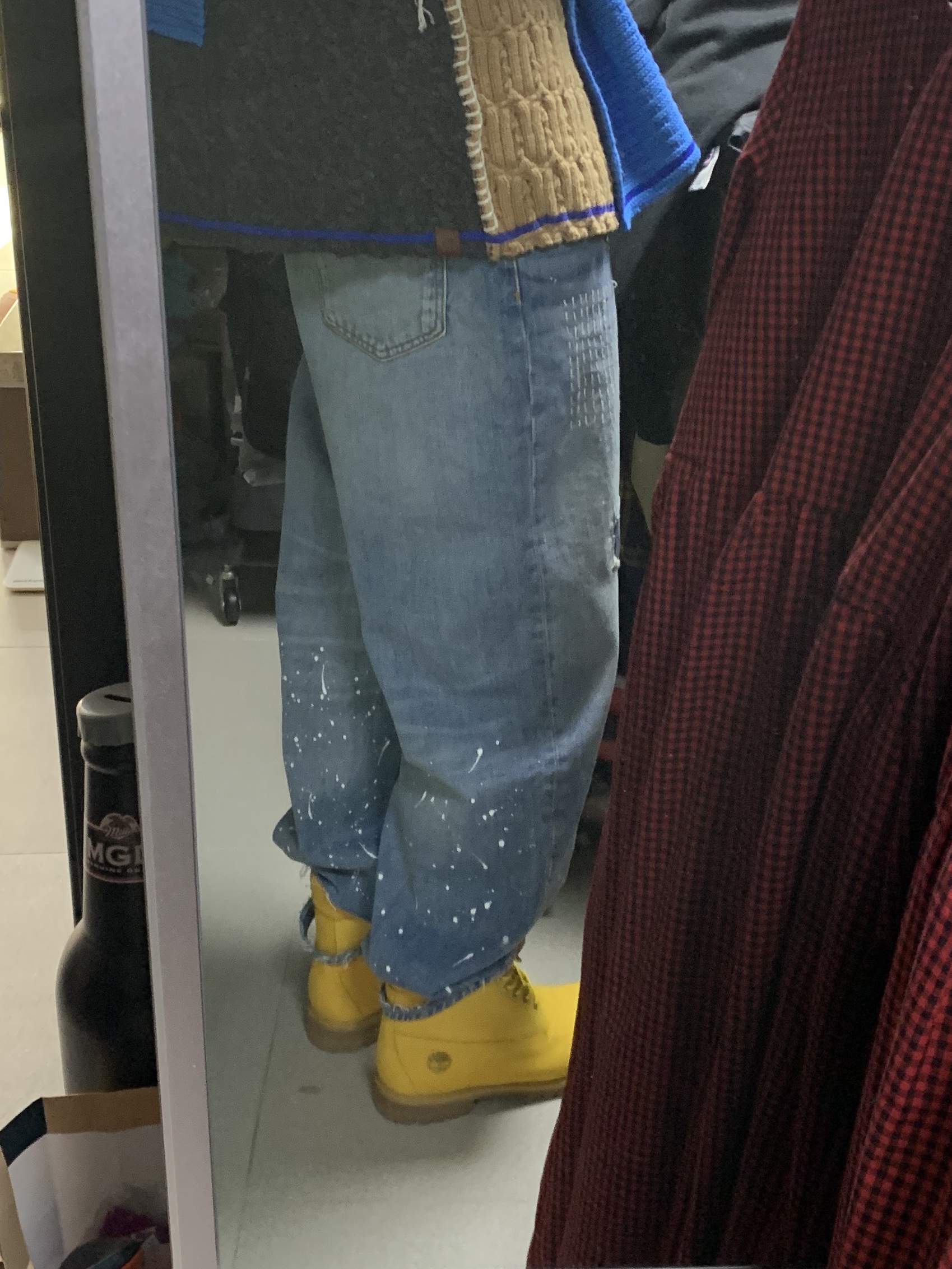 Zara x Ader Error Patchwork Jeans Blue, Zara x Ader Error Patchwork Oversize Knit Cardigan Multicolor 착용 스타일 - 3