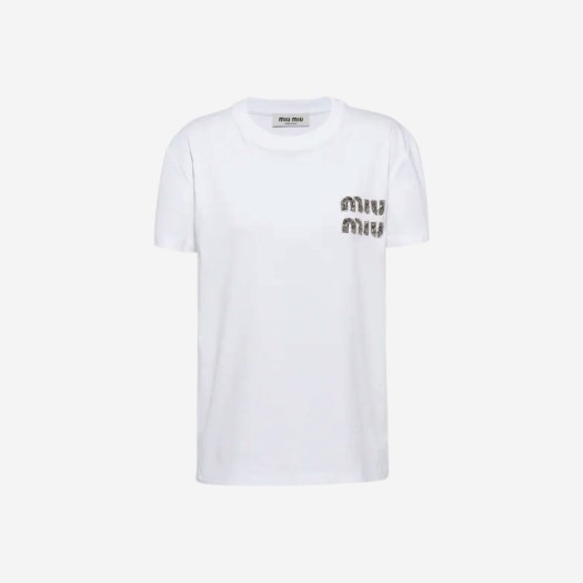 (W) 미우 미우 자수 코튼 티셔츠 화이트 크리스탈