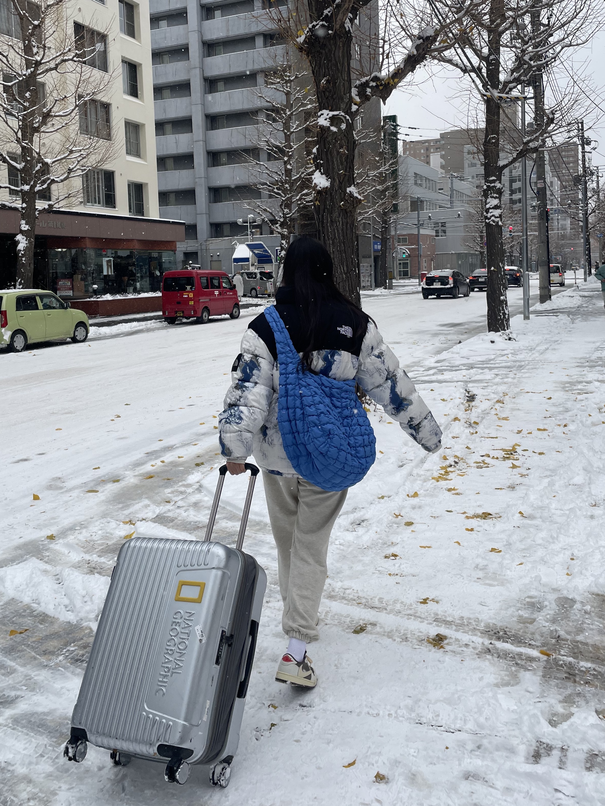 The North Face White Label Novelty Nuptse Down Jacket P White Sand, COS Quilted Oversized Shoulder Bag Blue 착용 스타일
