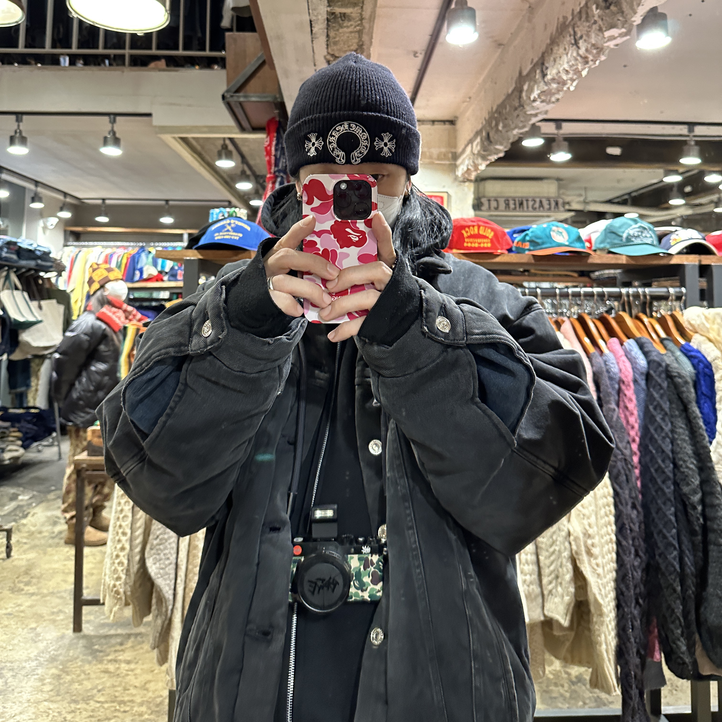Balenciaga Padded Japanese Denim Jacket Black, Chrome Hearts Horseshoe Beanie Black 착용 스타일 - 1