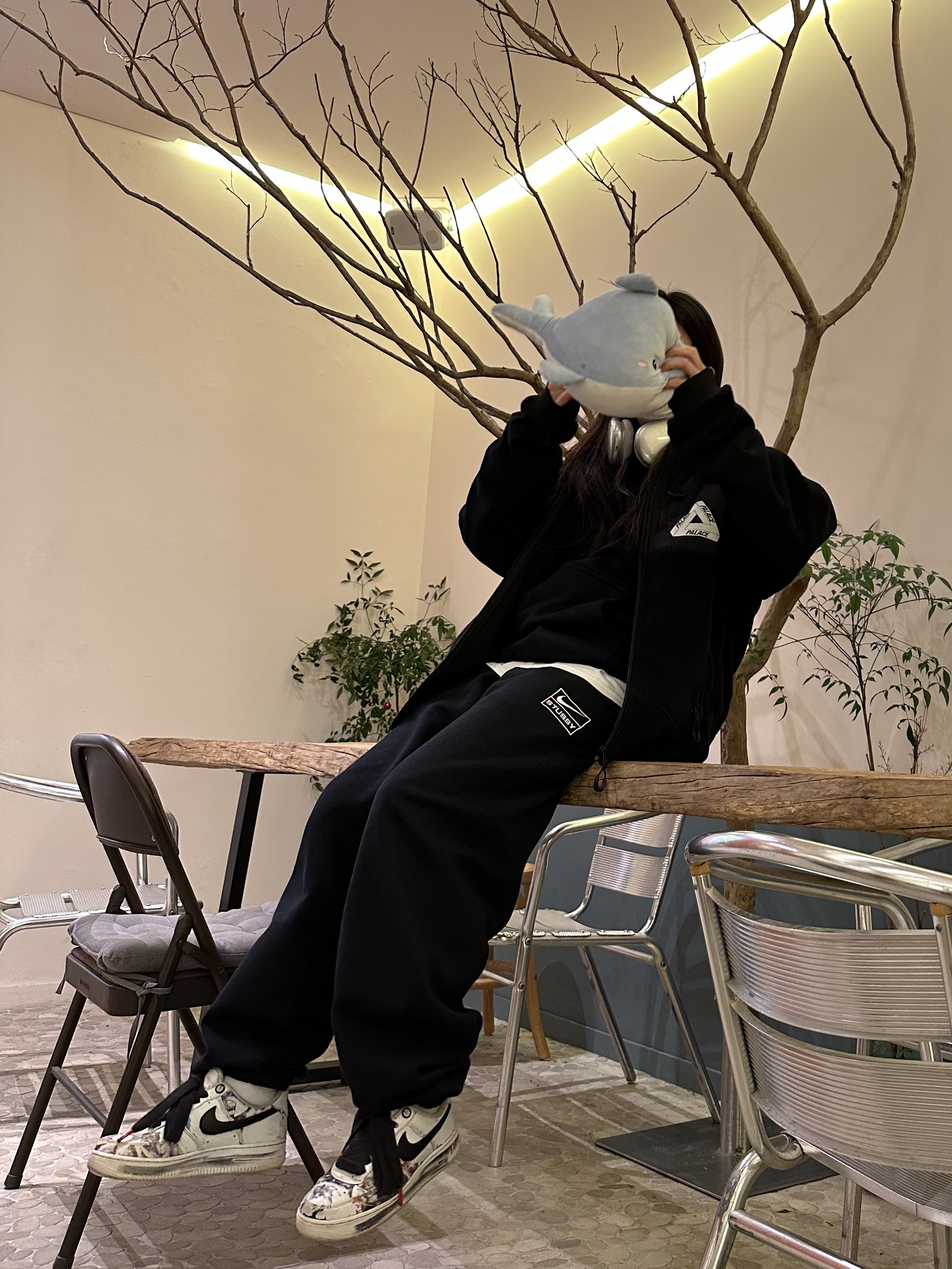 Palace Polar Fleece Asymmetric Jacket Black - 21FW, Nike x Stussy NRG RA Washed Fleece Pants Black (DN4030-010) 착용 스타일 - 2