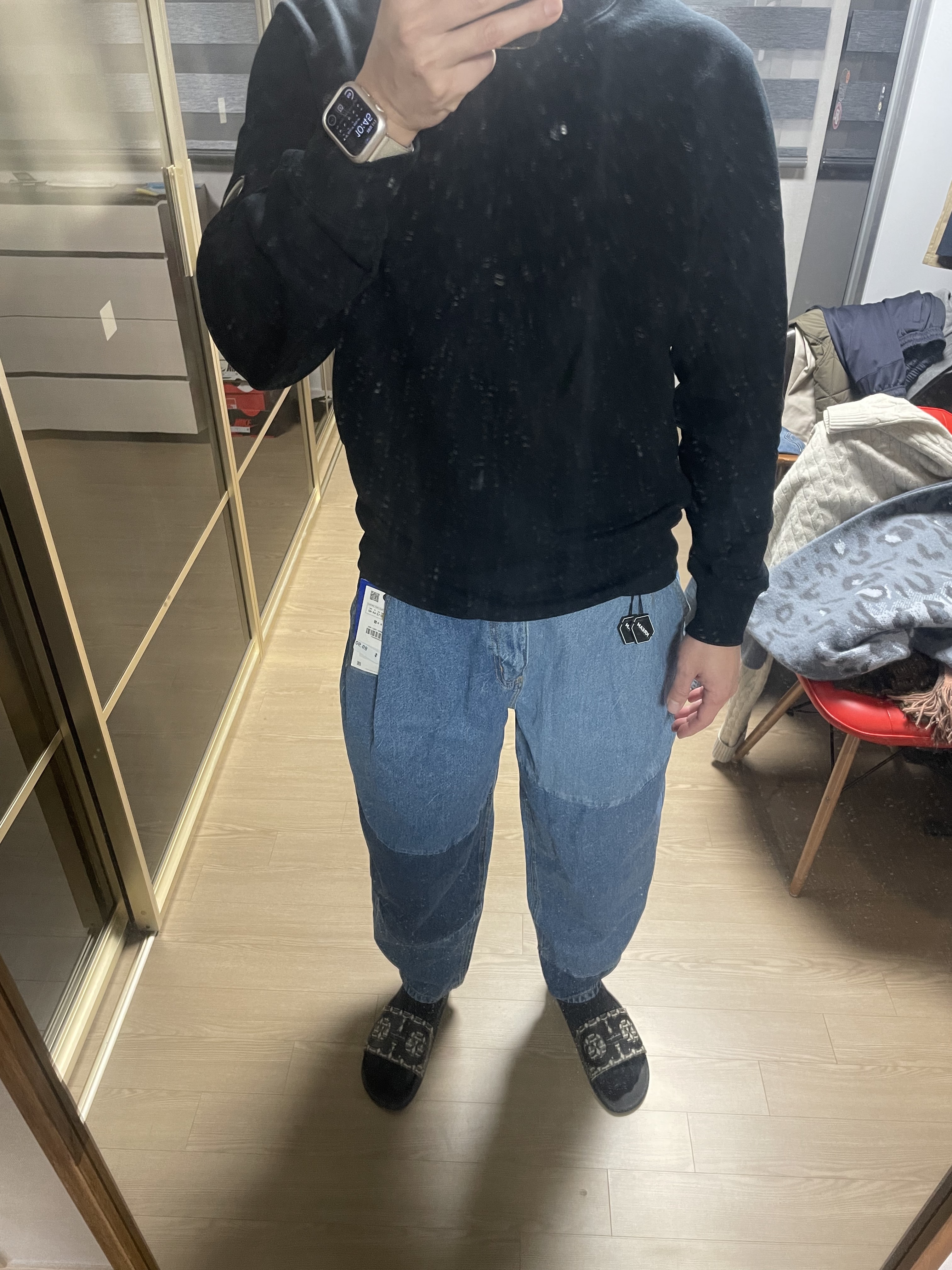 Zara x Ader Error Barrel Leg Jeans Blue 착용 스타일