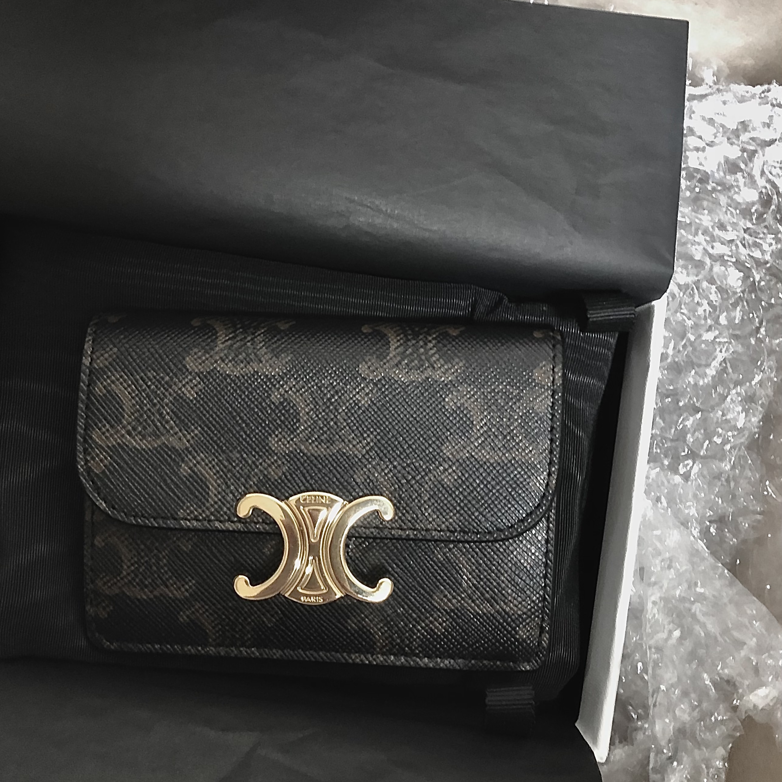 Celine Card Holder with Flap in Triomphe Canvas Tan 착용 스타일