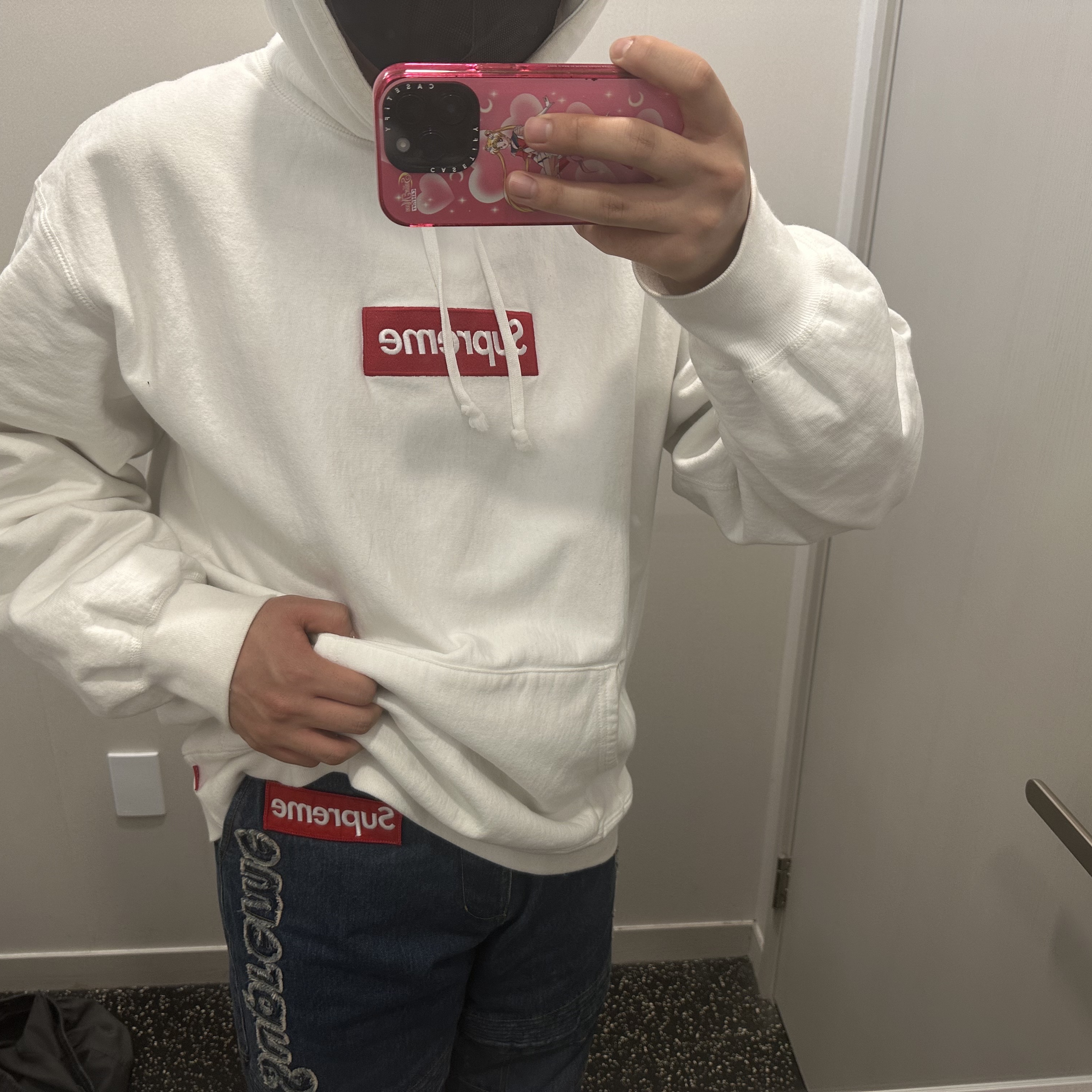 Supreme x Vanson Leathers Cordura Denim Racing Pants Blue - 22FW, Supreme Box Logo Hooded Sweatshirt White - 21FW 착용 스타일