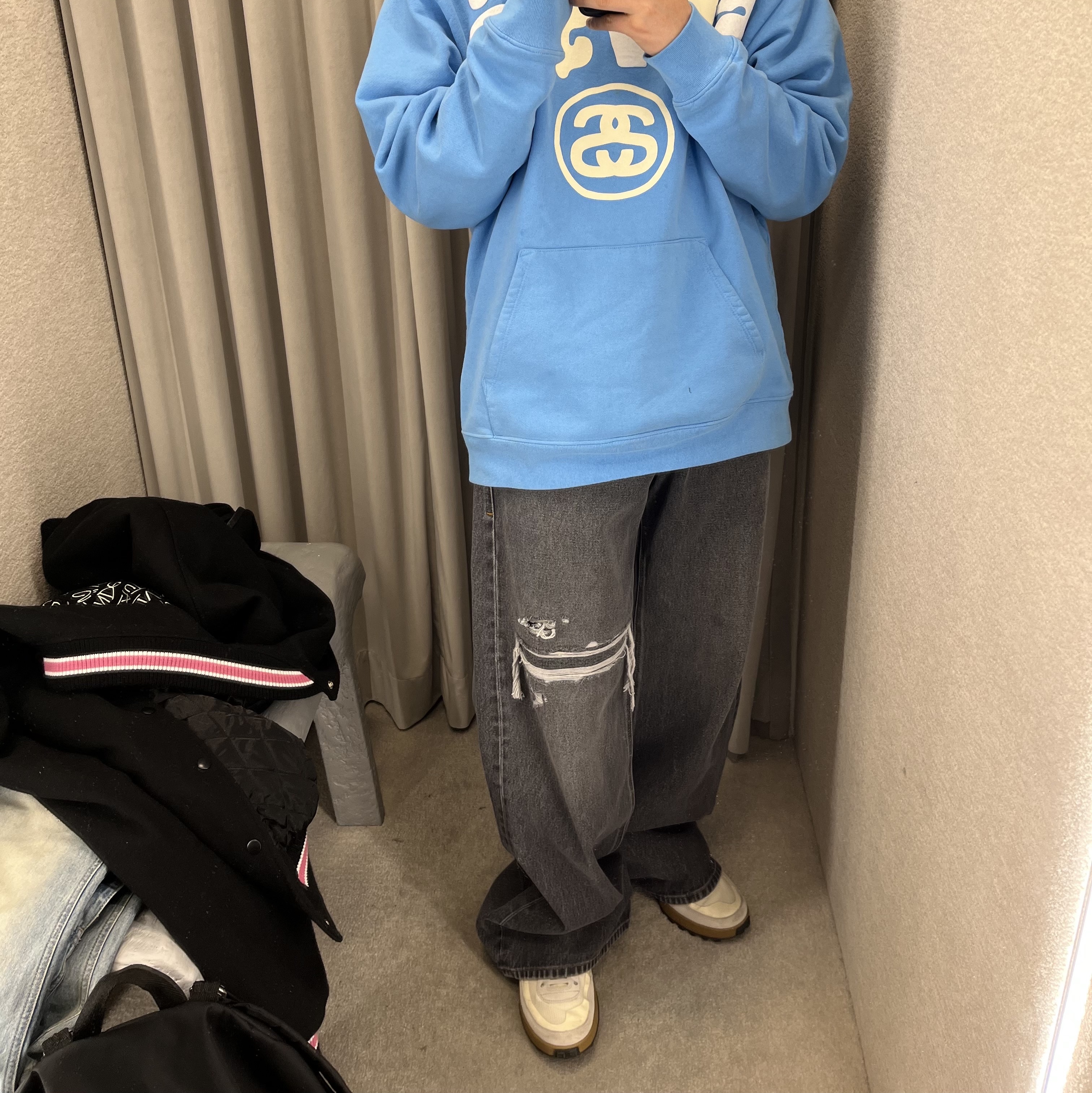 Stussy x Cactus Plant Flea Market 8 Ball Pigment Dyed Hoodie Blue, Nike x Tom Sachs General Purpose Shoe Light Cream 착용 스타일