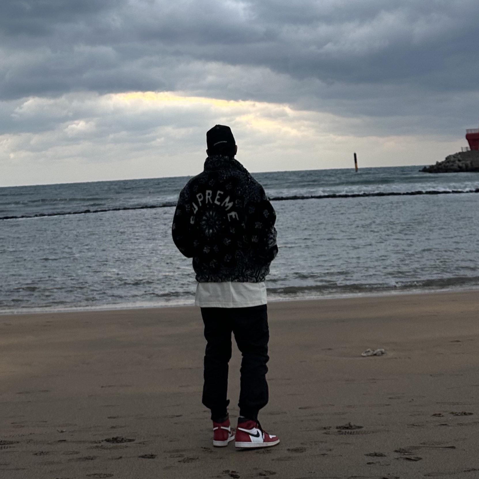 Jordan 1 Retro High OG Chicago 2015, Supreme Bandana Faux Fur Bomber Jacket Black - 21SS 착용 스타일