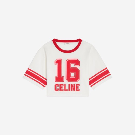 (W) 셀린느 코튼 저지 16 크롭 티셔츠 오프 화이트 레드 인텐스