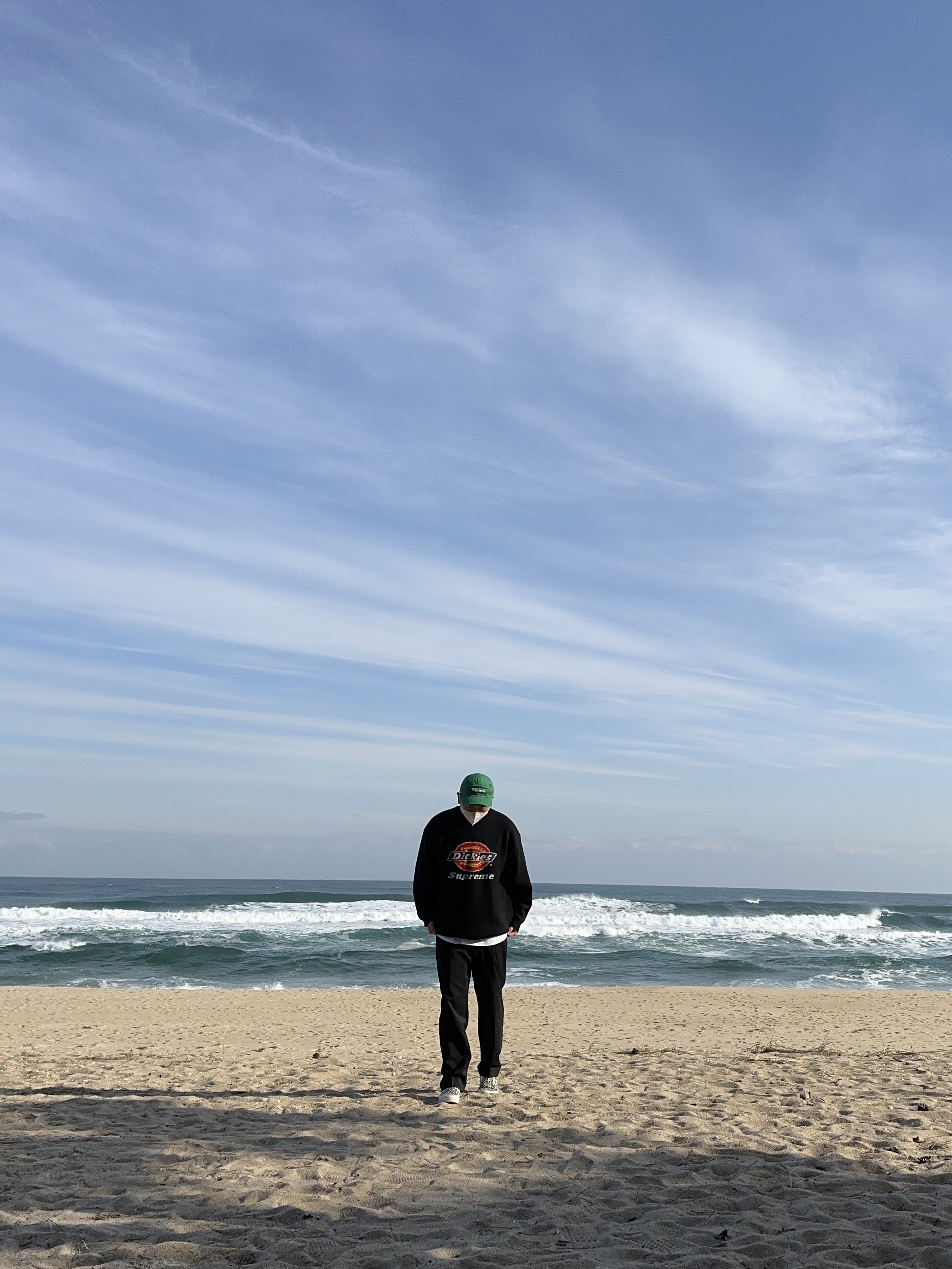 Supreme x Dickies Sweater Black - 22FW, Supreme Washed Chino Twill Camp Cap Green - 22FW 착용 스타일 - 1