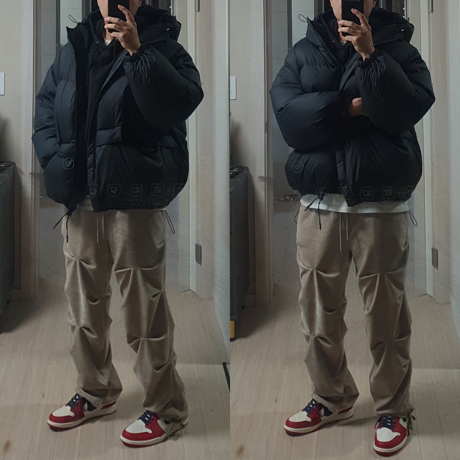 Jordan 1 Retro High OG Chicago 2022, The North Face 1992 Nuptse Jacket Charcoal 착용 스타일 - 2