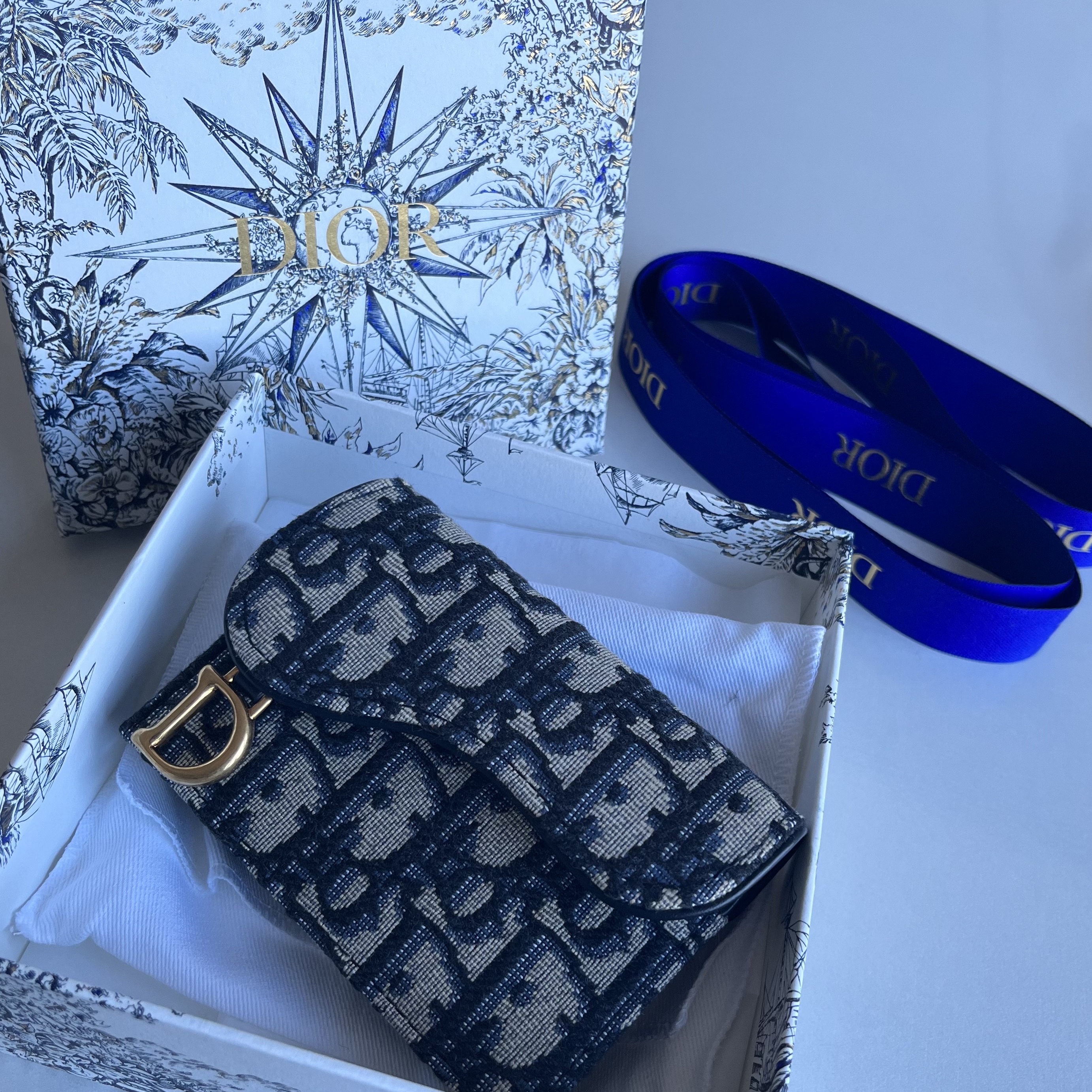 Dior Saddle Flap Card Holder Blue Dior Oblique Jacquard 착용 스타일