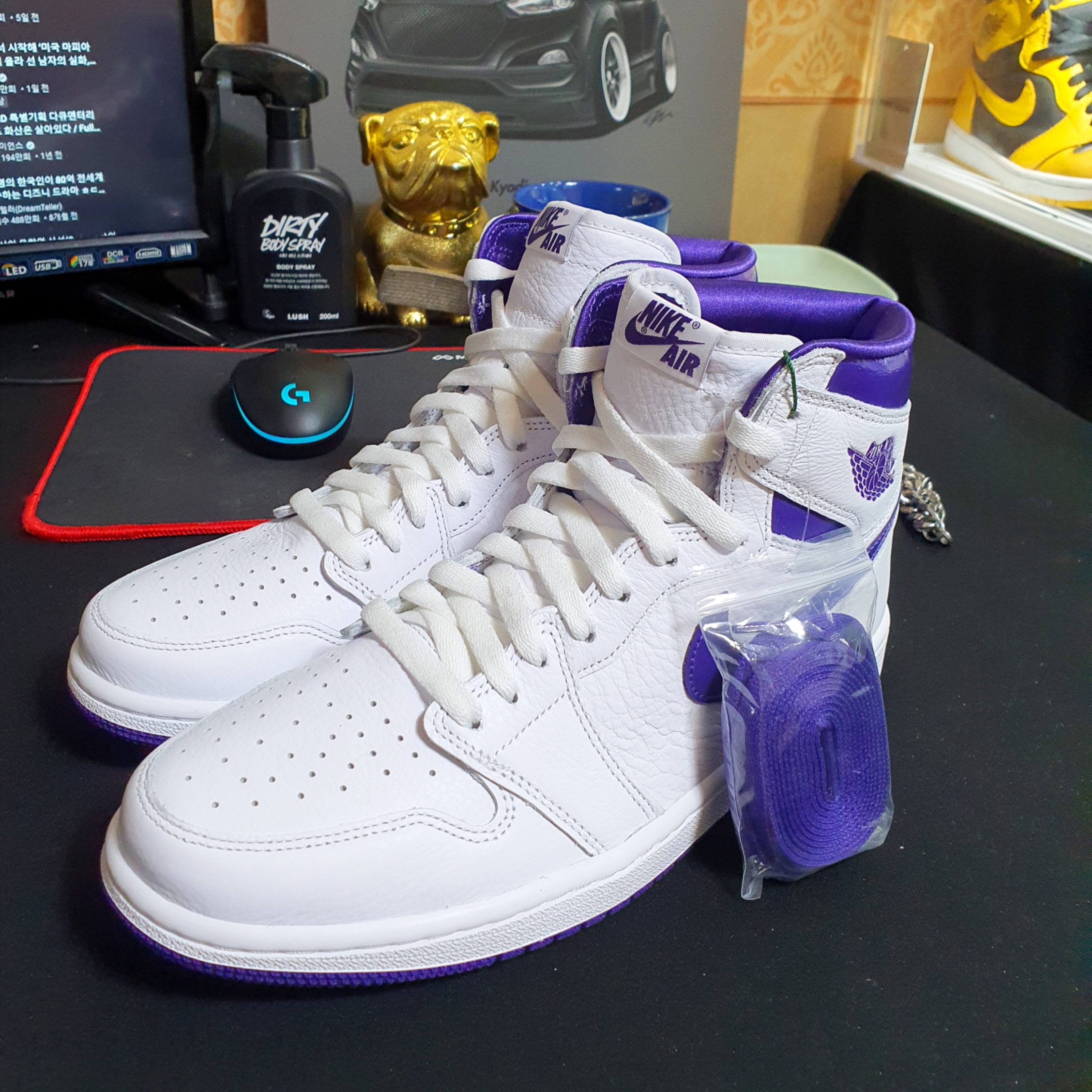 (W) Jordan 1 High OG Court Purple, Jordan 1 Retro High OG Pollen 착용 스타일 - 2