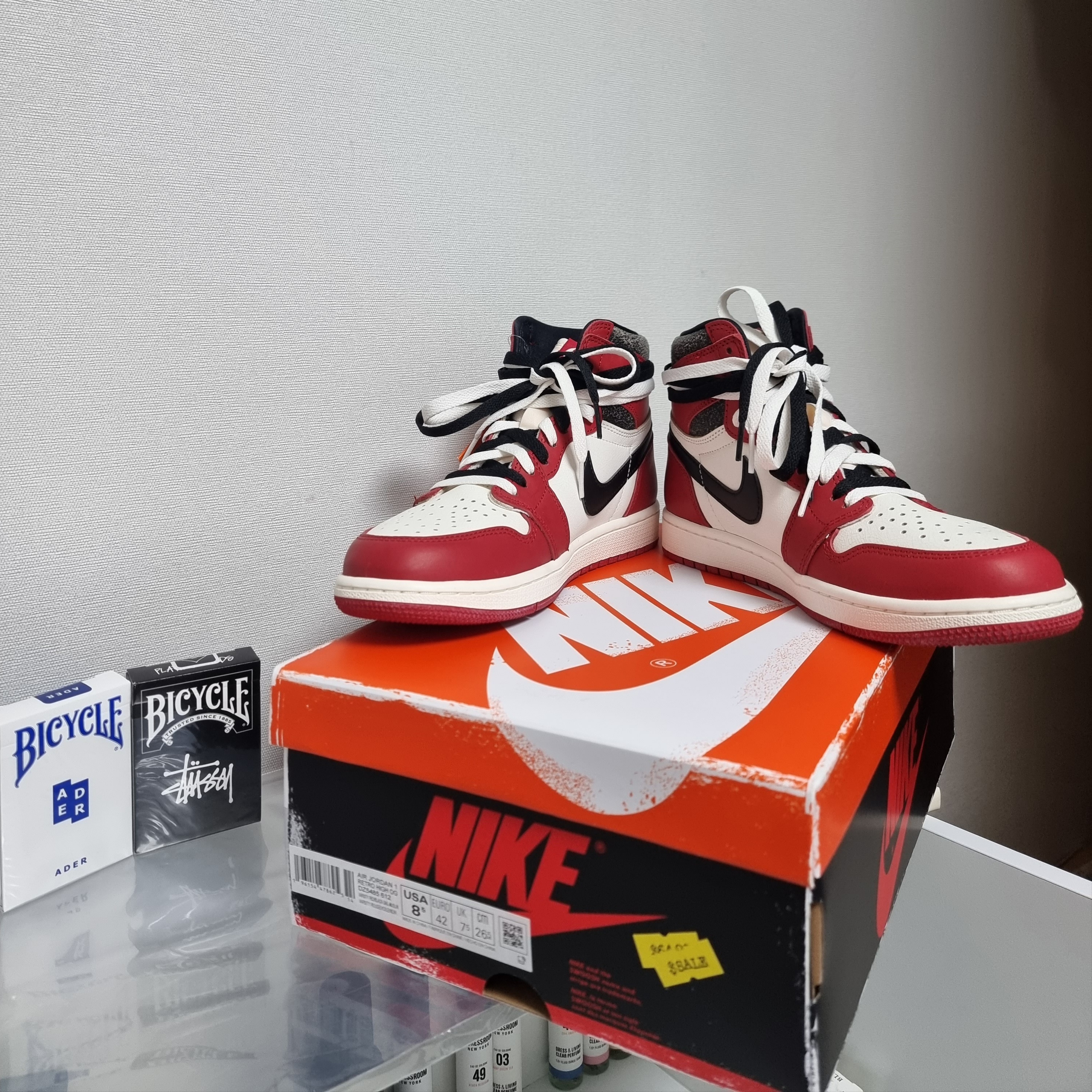Jordan 1 Retro High OG Chicago 2022, Stussy Playing Cards Black 착용 스타일