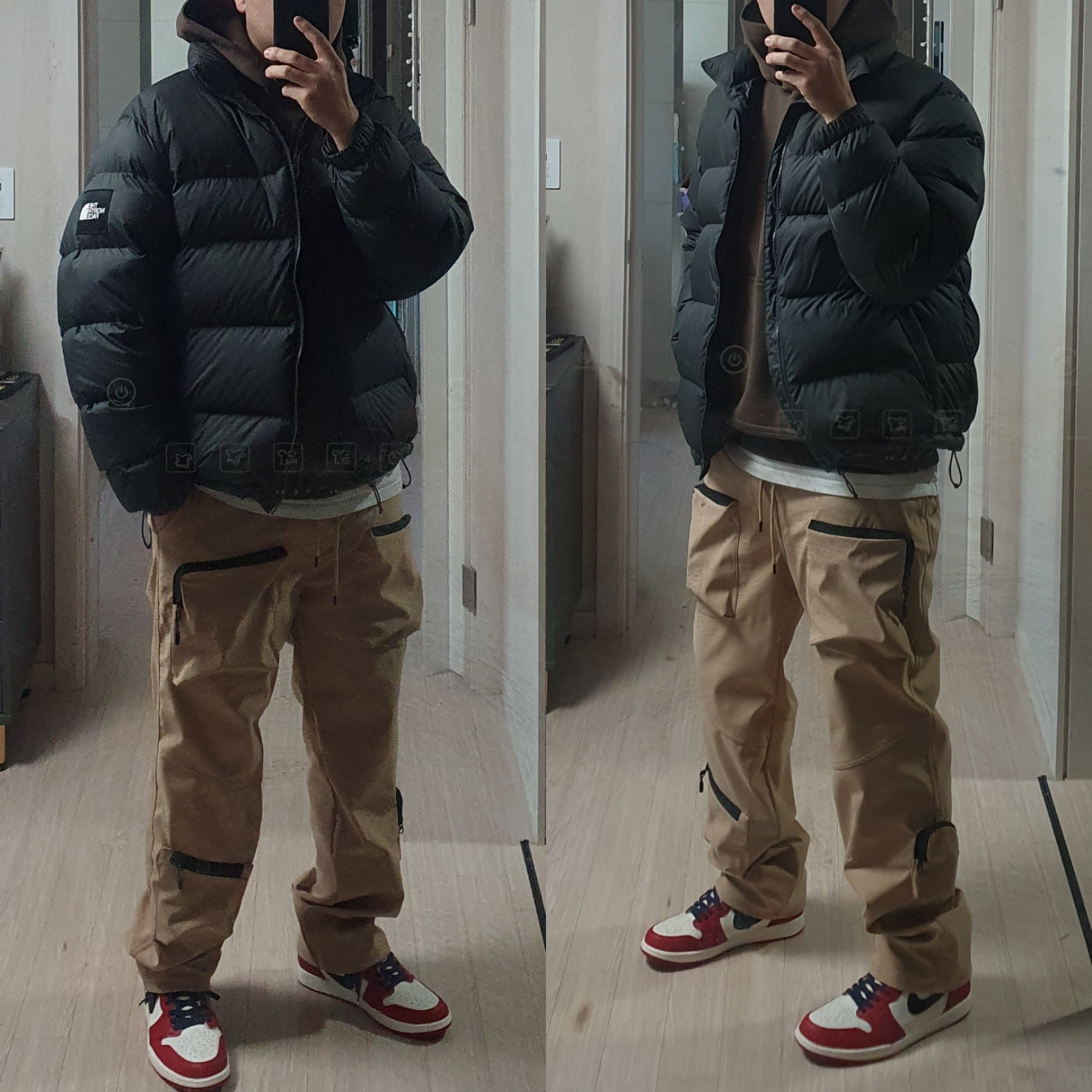 Jordan 1 Retro High OG Chicago 2022, The North Face 1992 Nuptse Jacket Charcoal 착용 스타일 - 4