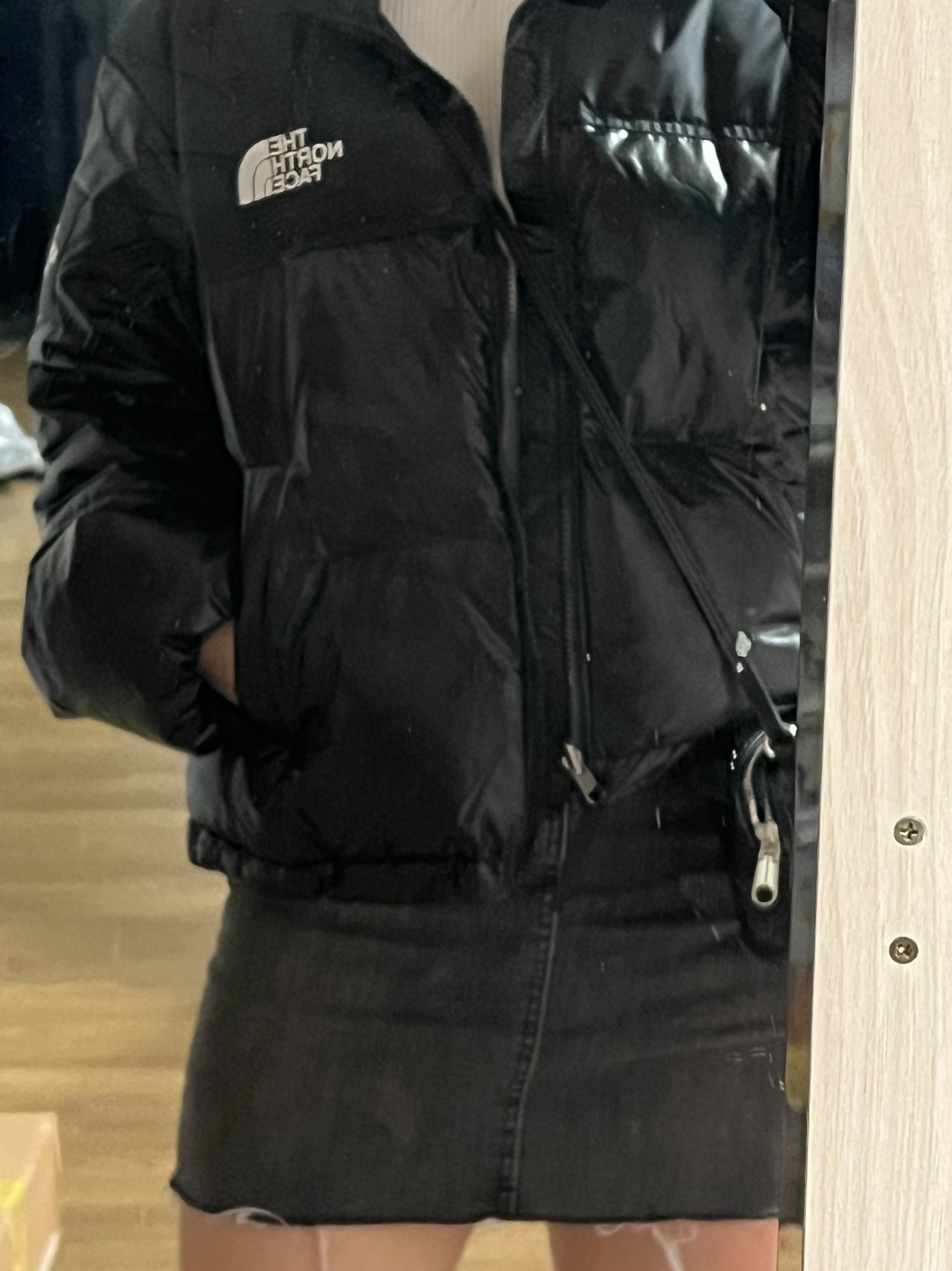 (W) The North Face White Label Novelty Nuptse Down Jacket SP Real Black 착용 스타일 - 2