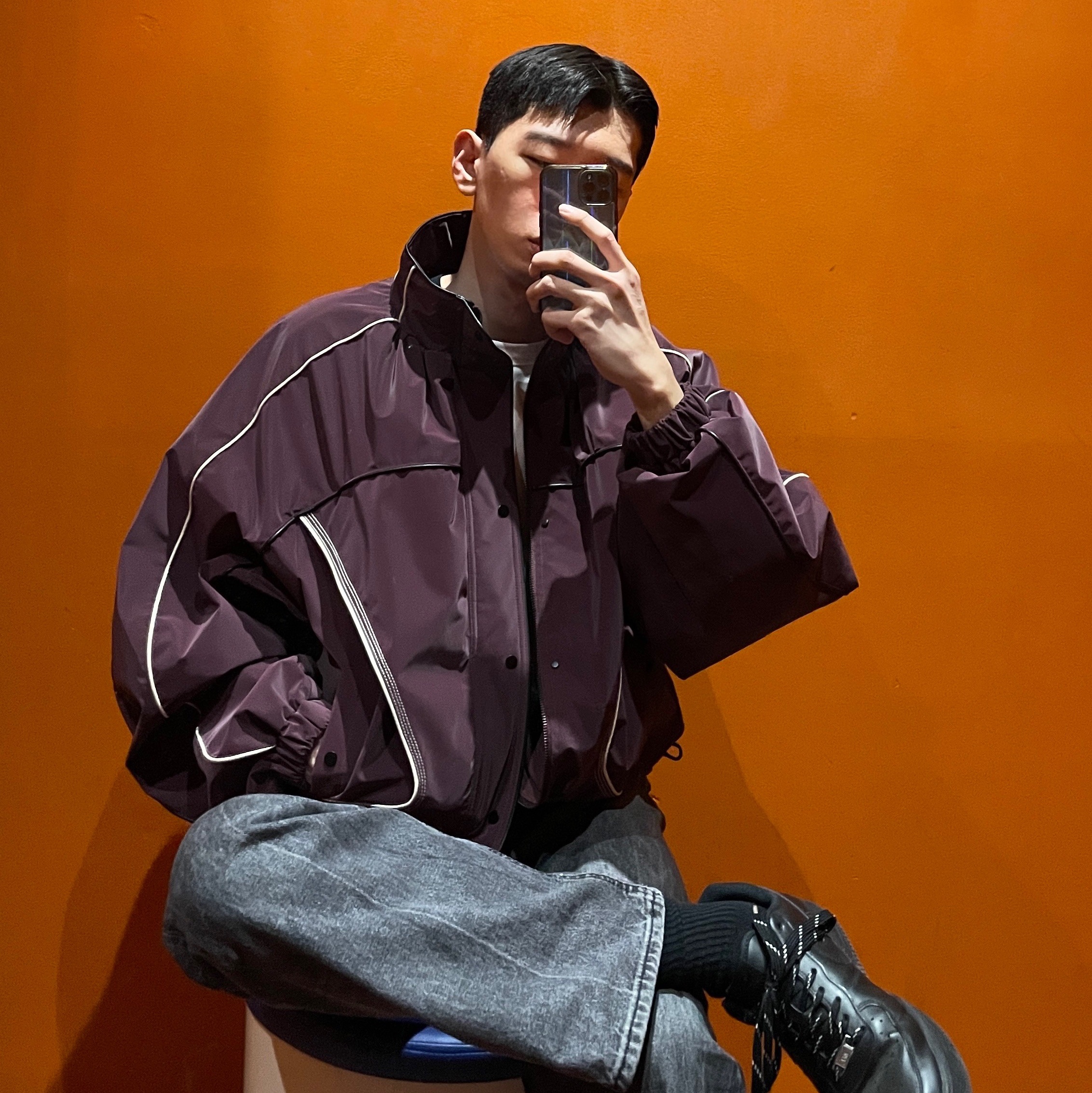 Ader Error Bant Jumper Burgundy, Nike Air Force 1 '07 Low Triple Black 착용 스타일