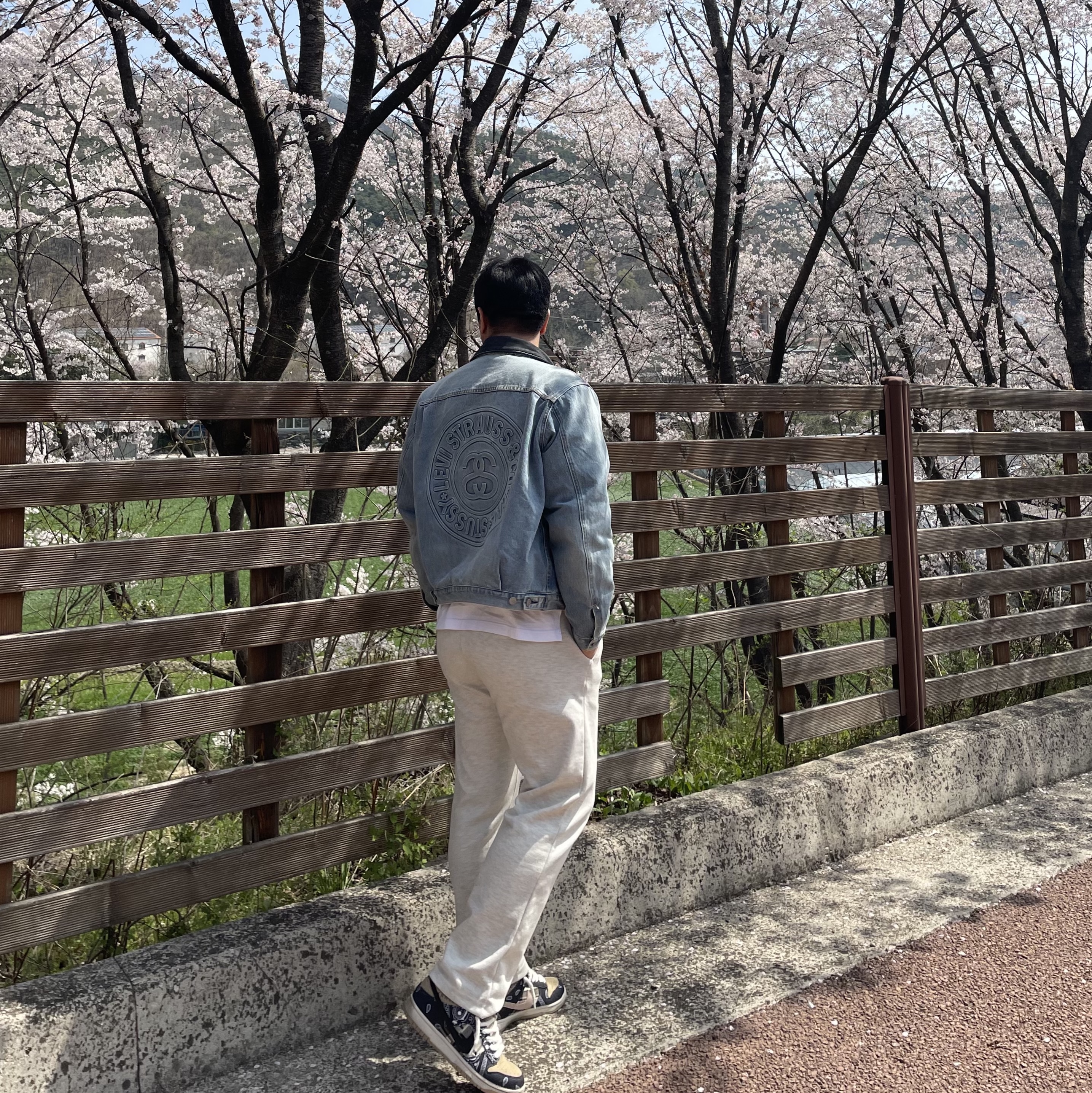 Stussy x Levi's Embossed Trucker Jacket Indigo, Nike x Travis Scott SB Dunk Low (Special Box) 착용 스타일
