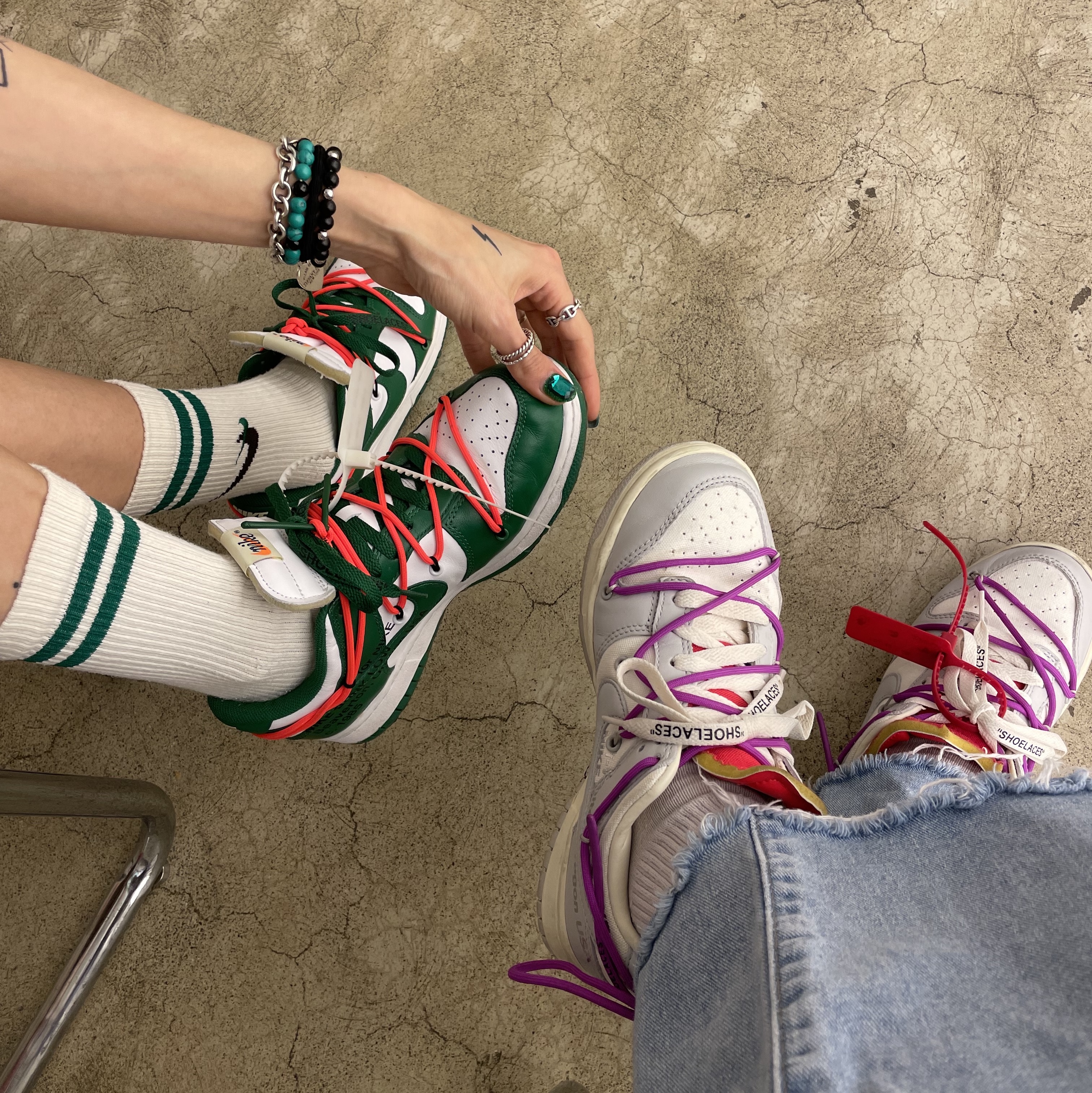 Nike x Off-White Dunk Low The 50 - Lot 45, Nike x Off-White Dunk Low Pine Green 착용 스타일