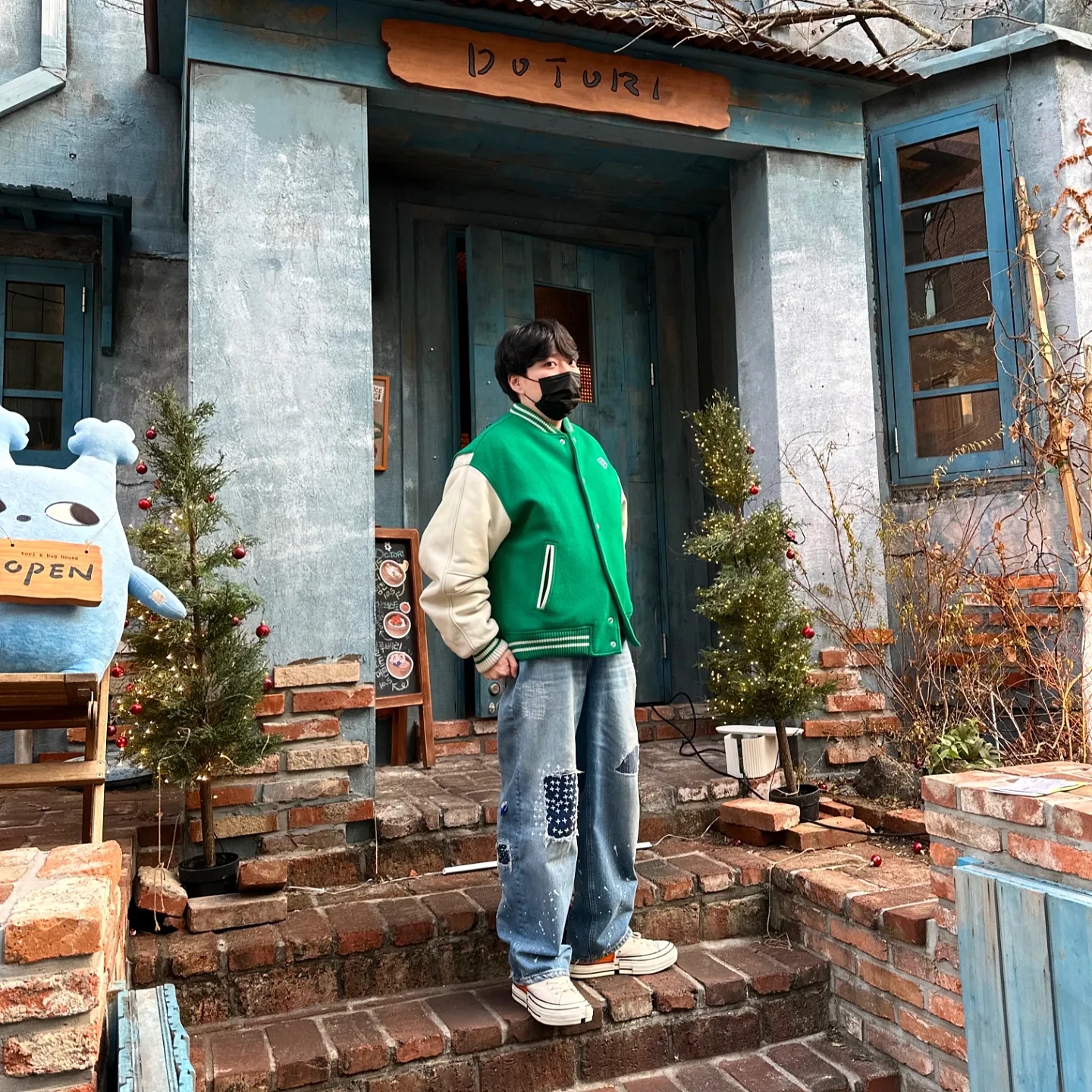 Ader Error Og; 7th @9211 Jacket Green, Zara x Ader Error Patchwork Jeans Blue 착용 스타일 - 1