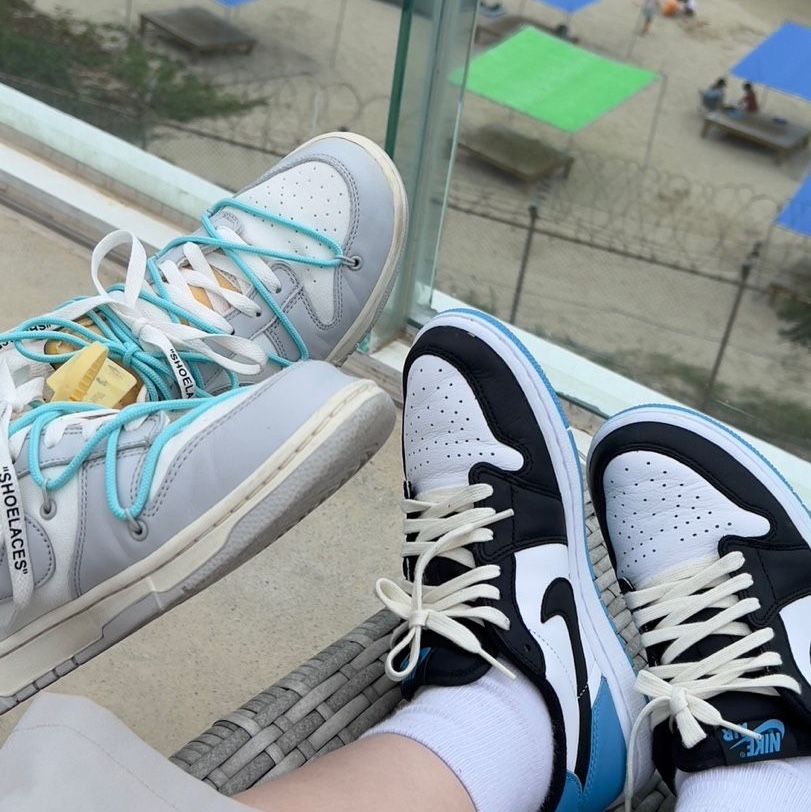 Nike x Off-White Dunk Low The 50 - Lot 46, (W) Jordan 1 Retro Low OG Black and Dark Powder Blue 착용 스타일