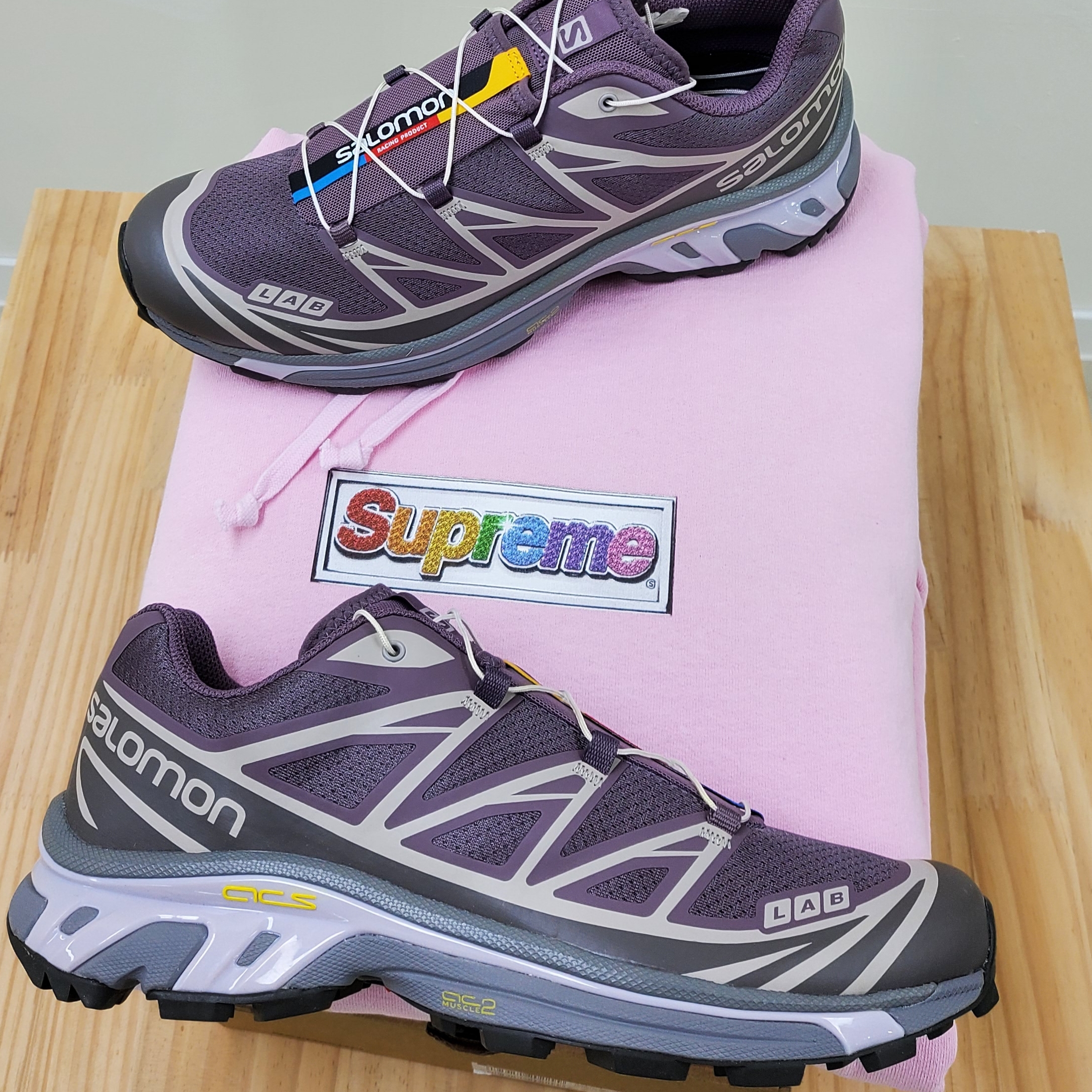 Salomon XT-6 Moonscape Plum Kitten, Supreme Bling Box Logo Hooded Sweatshirt Light Pink - 22SS 착용 스타일
