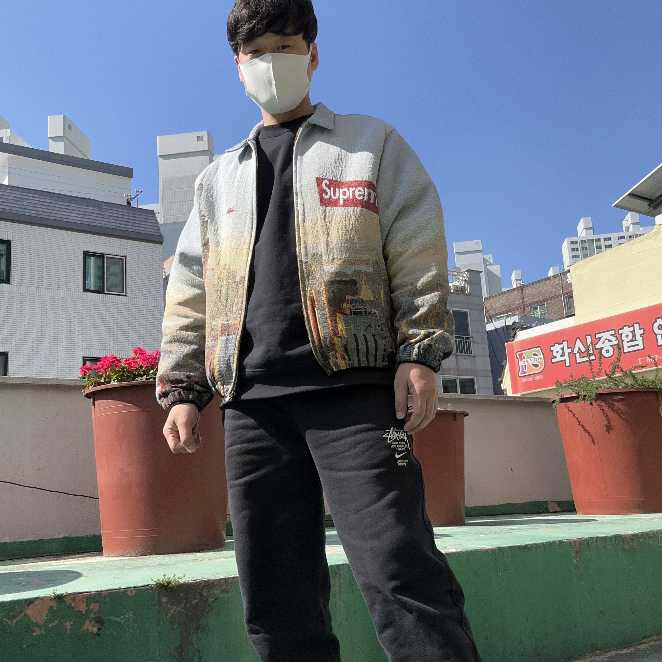 Supreme Aerial Tapestry Harrington Jacket - 20FW, Nike x Stussy NRG ZR Fleece Crewneck Black - US/EU 착용 스타일 - 2