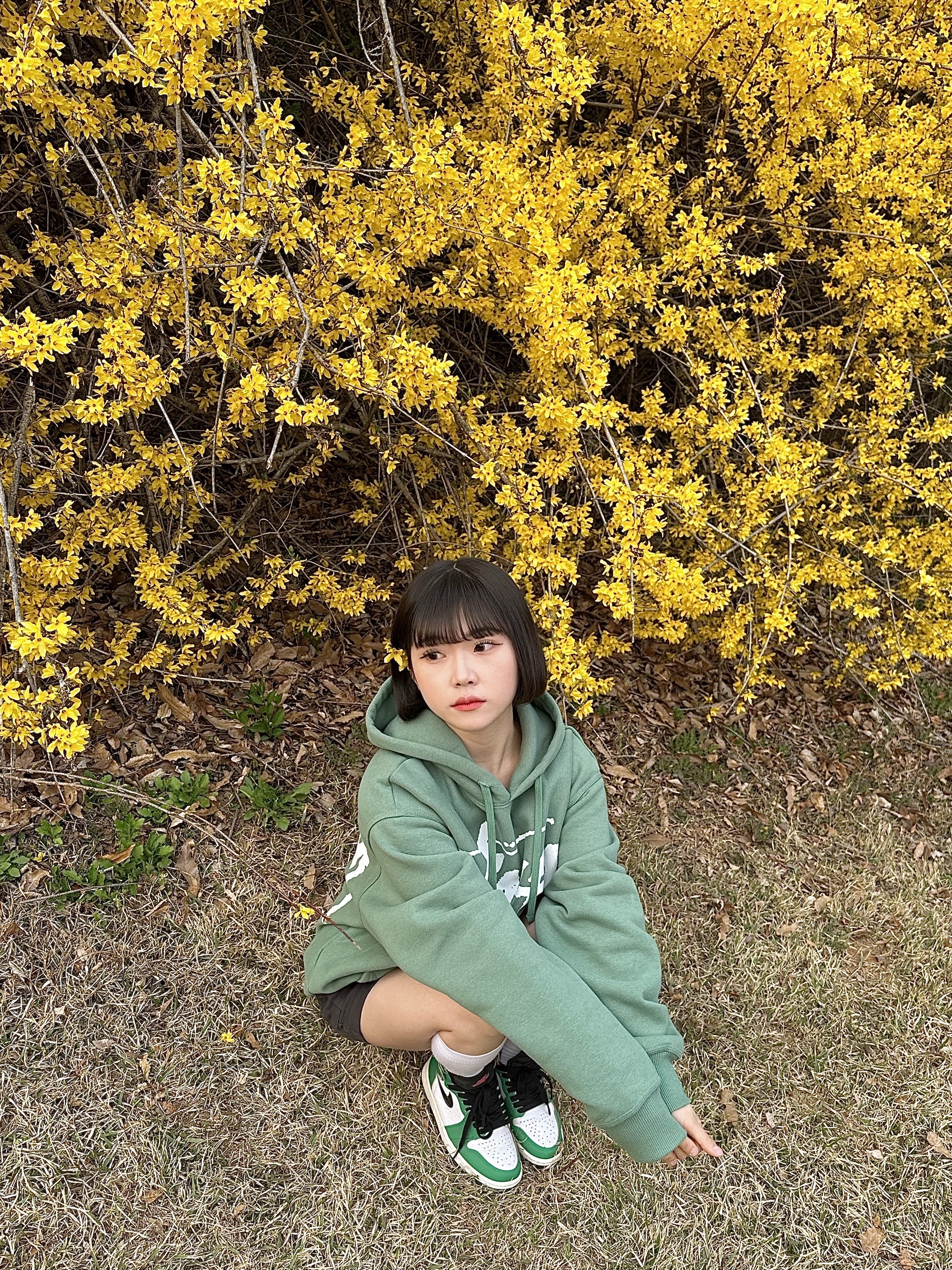 (W) Jordan 1 Retro High OG Lucky Green, Stussy Big Stock Hoodie Green 착용 스타일 - 3