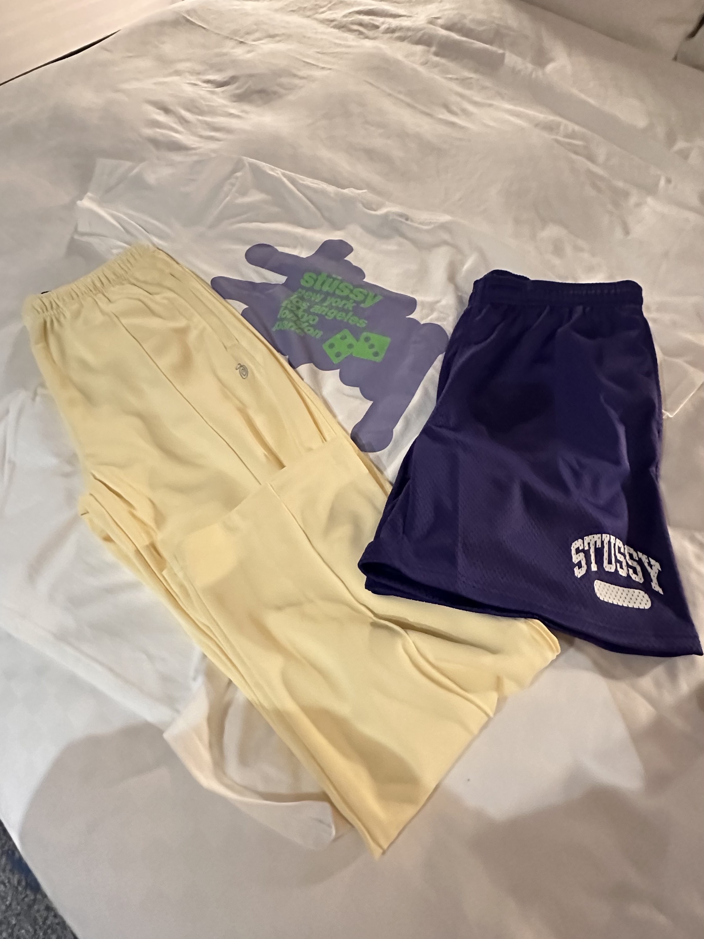 Stussy Silhouette T-Shirt White, Stussy Arch Mesh Shorts Purple 착용 스타일