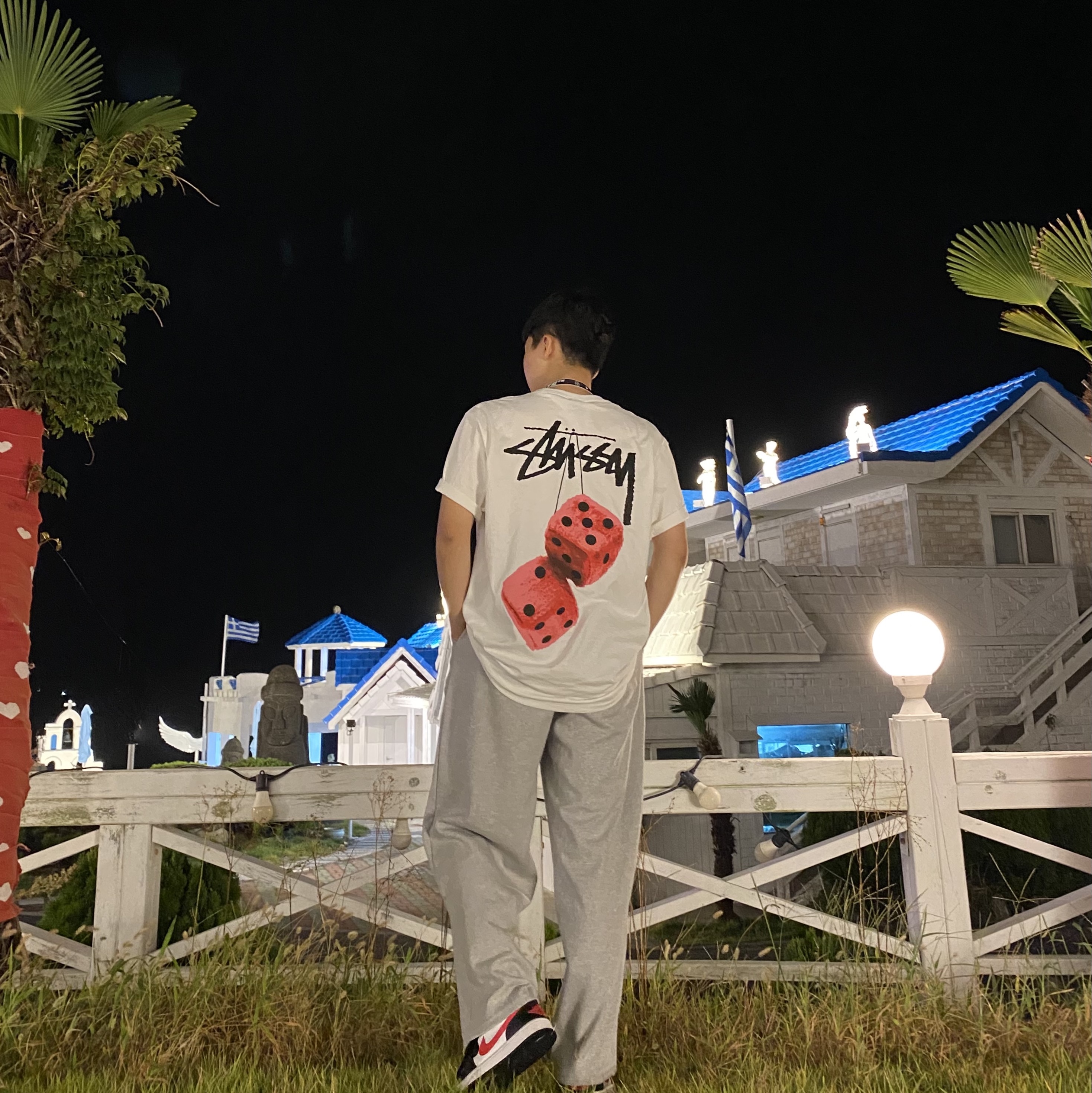 (W) Jordan 1 Low Black Siren Red, Stussy Fuzzy Dice T-Shirt White 착용 스타일