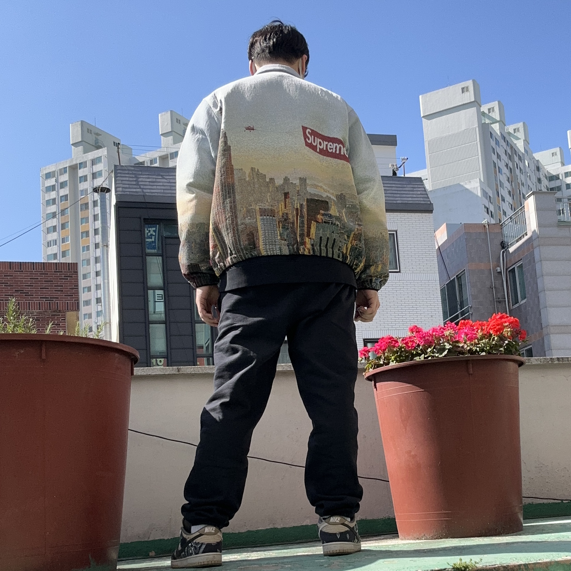 Supreme Aerial Tapestry Harrington Jacket - 20FW, Nike x Stussy NRG ZR Fleece Crewneck Black - US/EU 착용 스타일 - 1