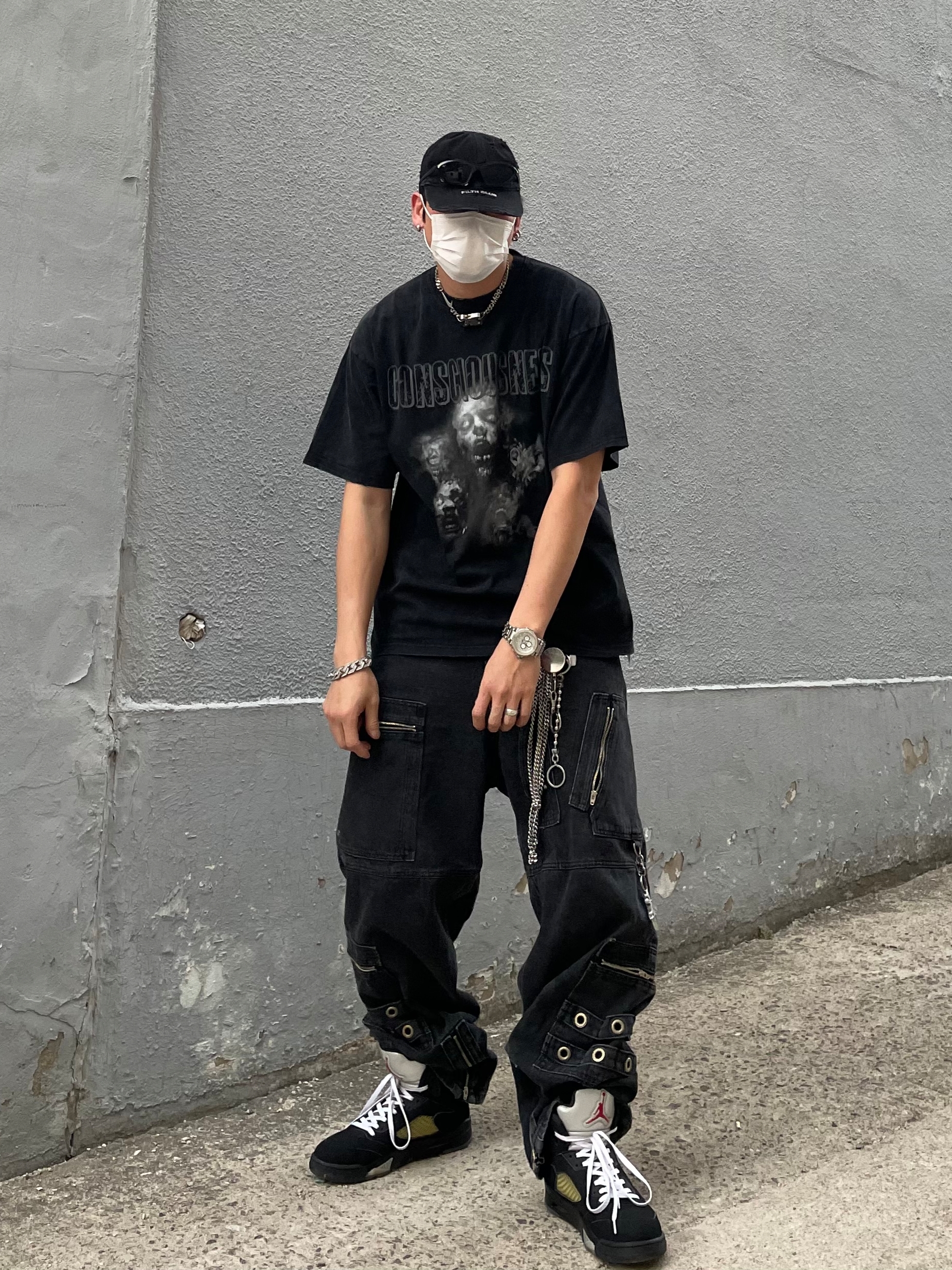 Project G/R Distressed Filth Club Cap Washed Black, Project G/R Flight Denim Pants Black 착용 스타일 - 3