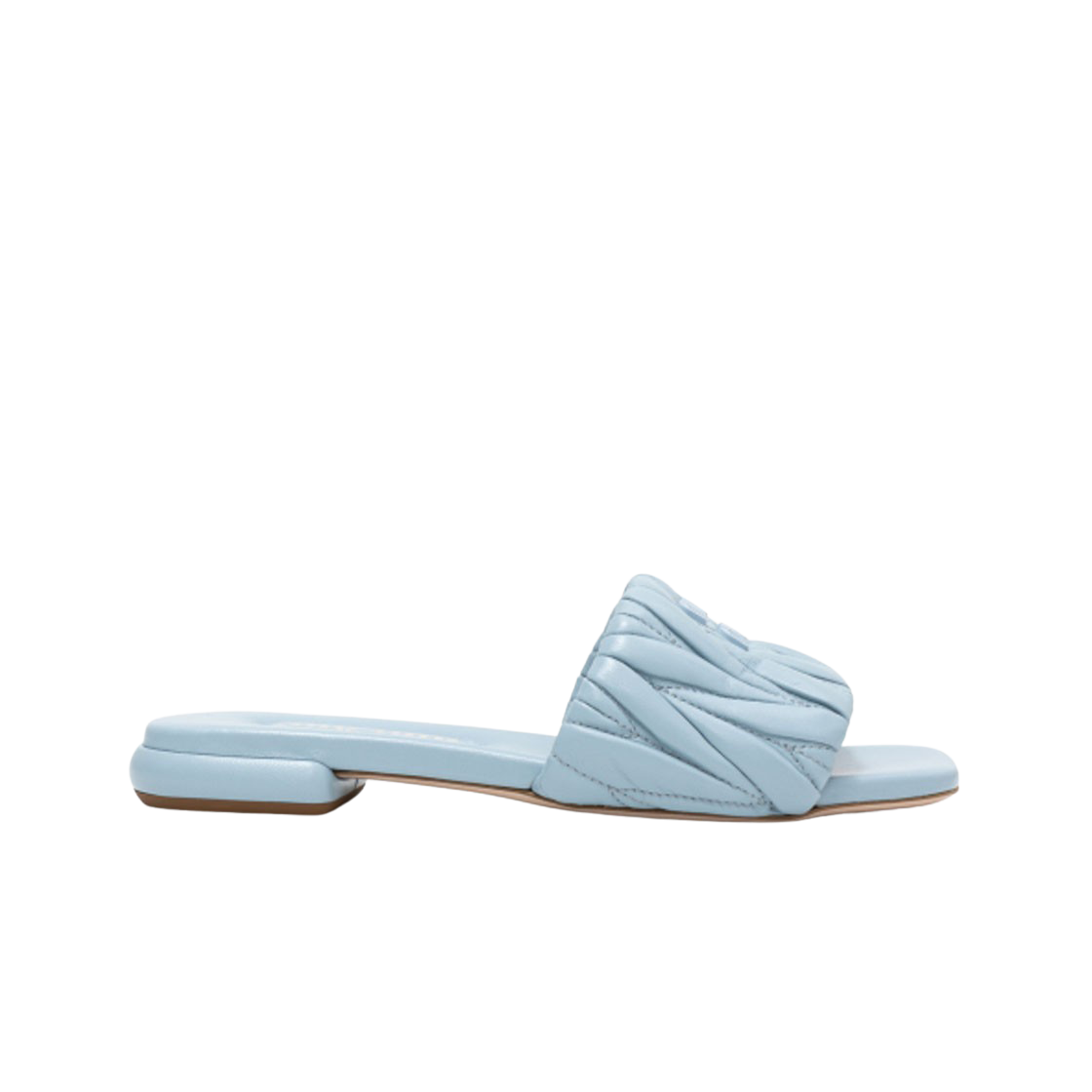 (W) 미우 미우 마테라쎄 메탈 로고 슬라이드 스카이 블루((W) Miu Miu Matelasse Metal Logo Slides Sky Blue) - 1