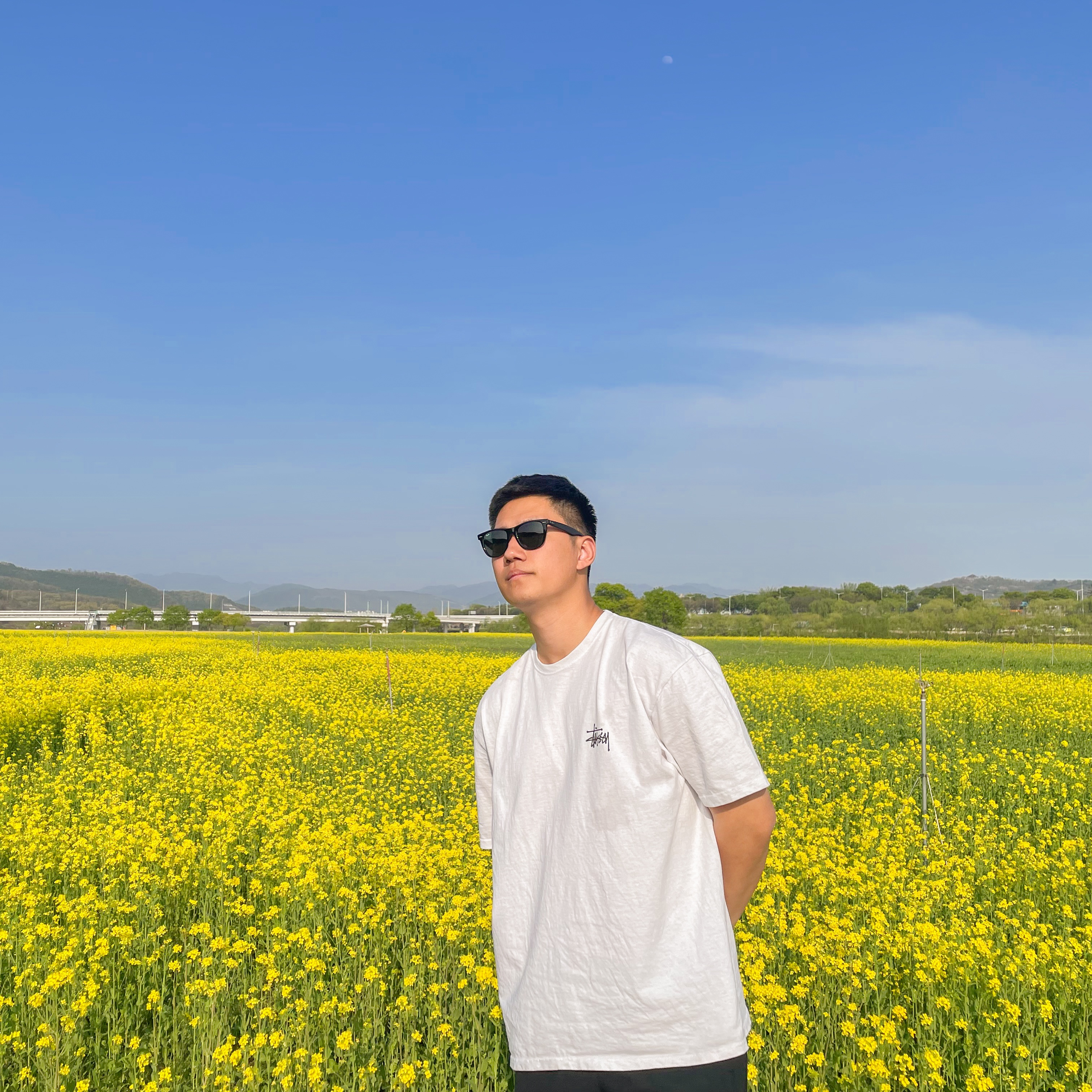 Stussy Basic Stussy T-Shirt White 2023, Ray-Ban Original Wayfarer Classic Polished Black Frame Green Classic G-15 Lenses Low Bridge Fit 착용 스타일 - 1