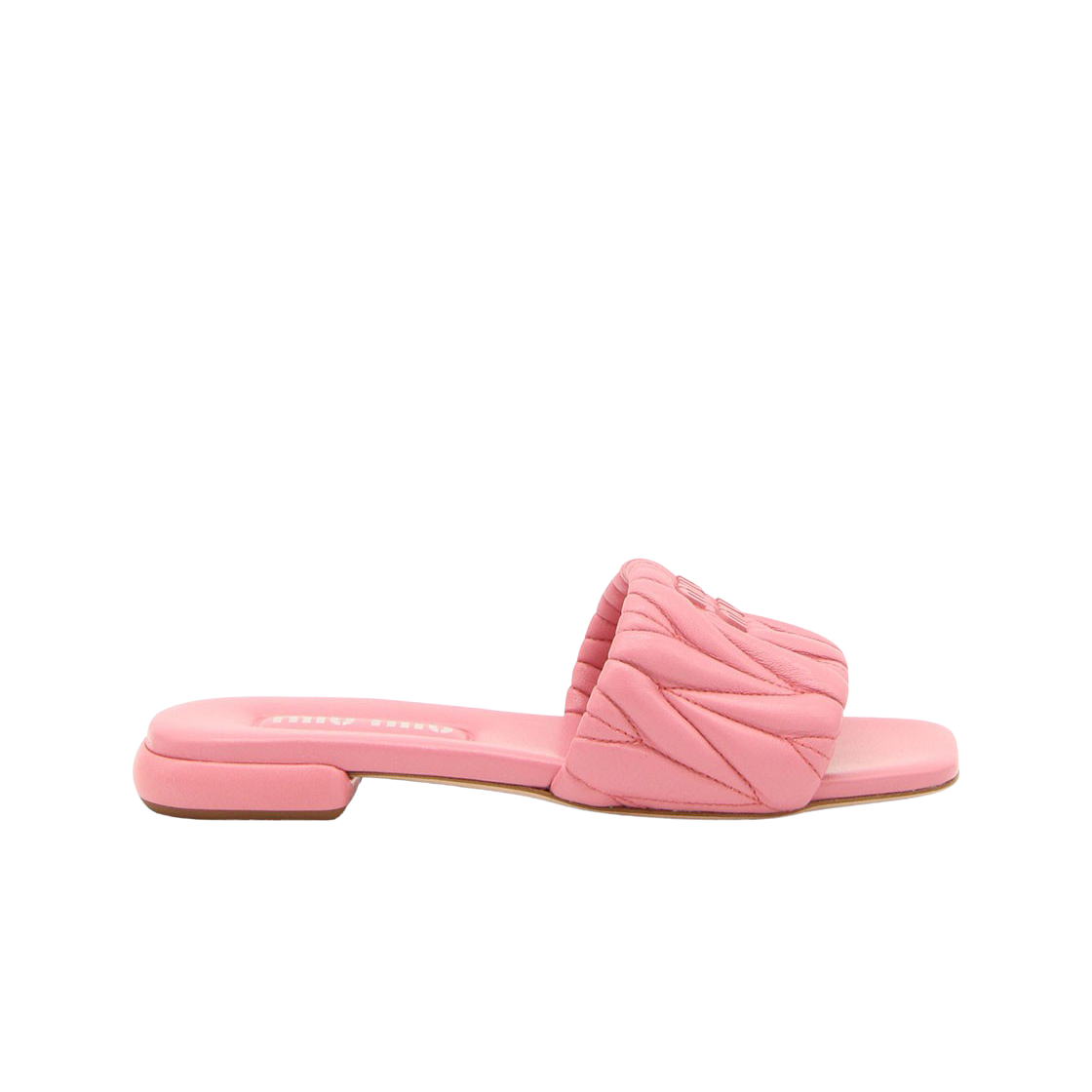 (W) 미우 미우 마테라쎄 메탈 로고 슬라이드 베고니아 핑크((W) Miu Miu Matelasse Metal Logo Slides Begonia Pink) - 1