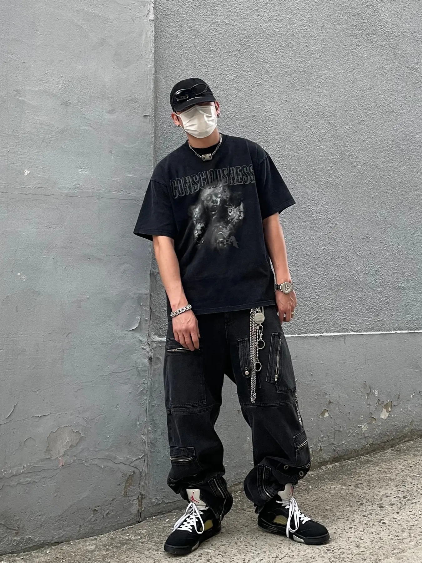 Project G/R Distressed Filth Club Cap Washed Black, Project G/R Flight Denim Pants Black 착용 스타일 - 2