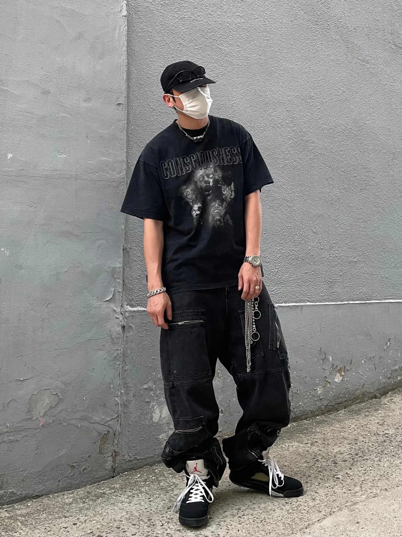 Project G/R Distressed Filth Club Cap Washed Black, Project G/R Flight Denim Pants Black 착용 스타일 - 1