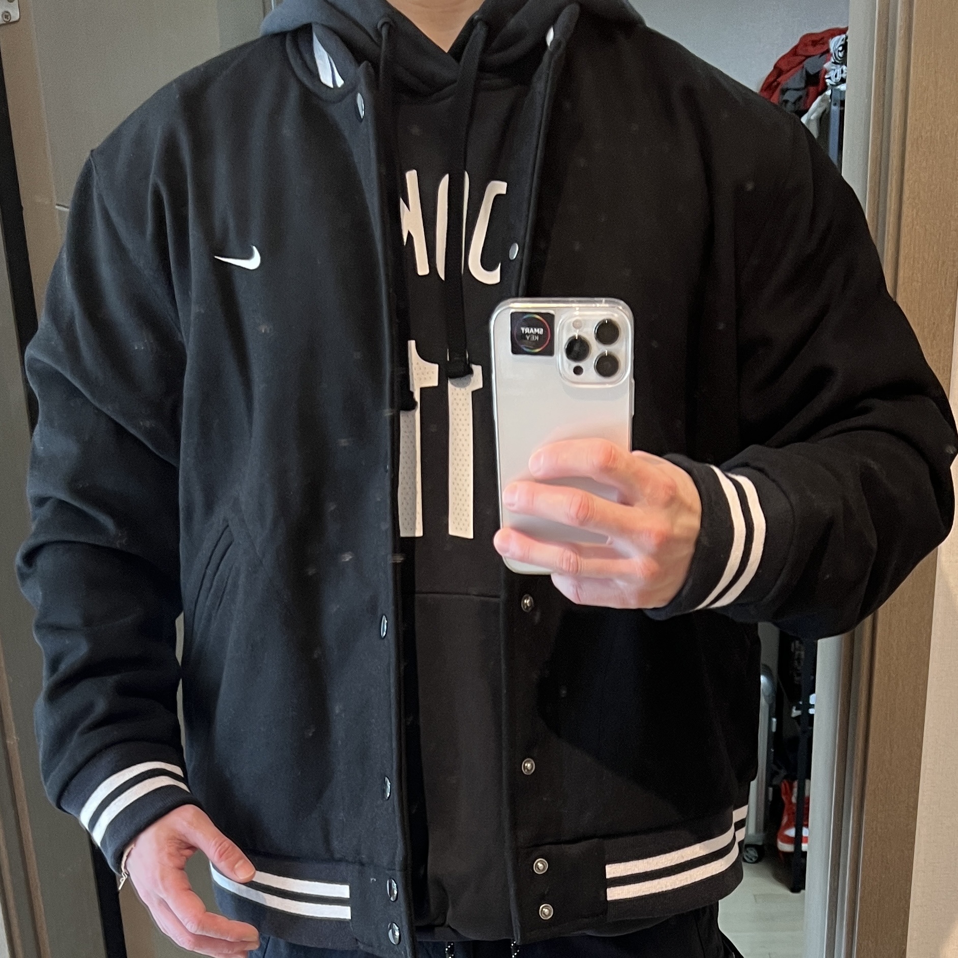 Nike NSW Authentics Varsity Jacket Black - Asia 착용 스타일