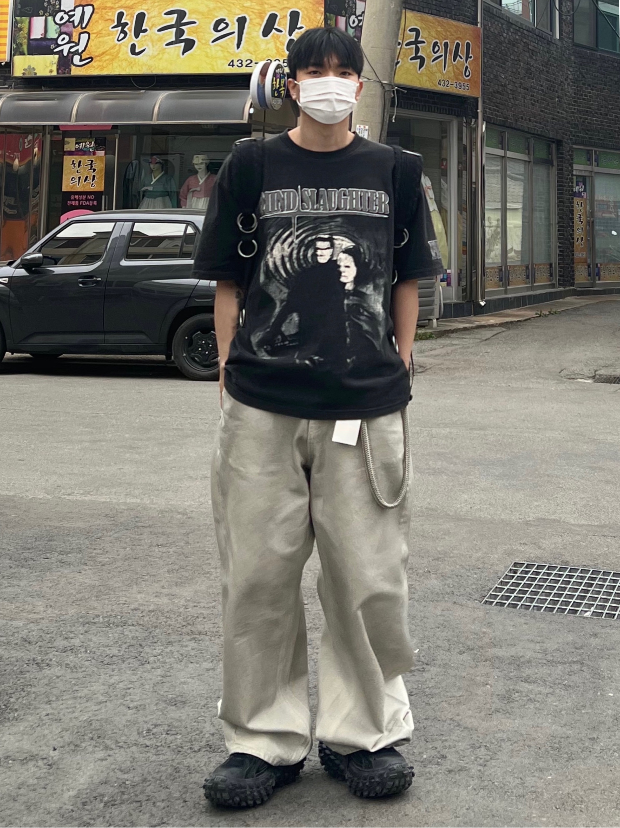 Project G/R Mind Slaughter Vintage Washeed T-Shirt Black, Balenciaga Defender Sneakers Black 착용 스타일 - 1
