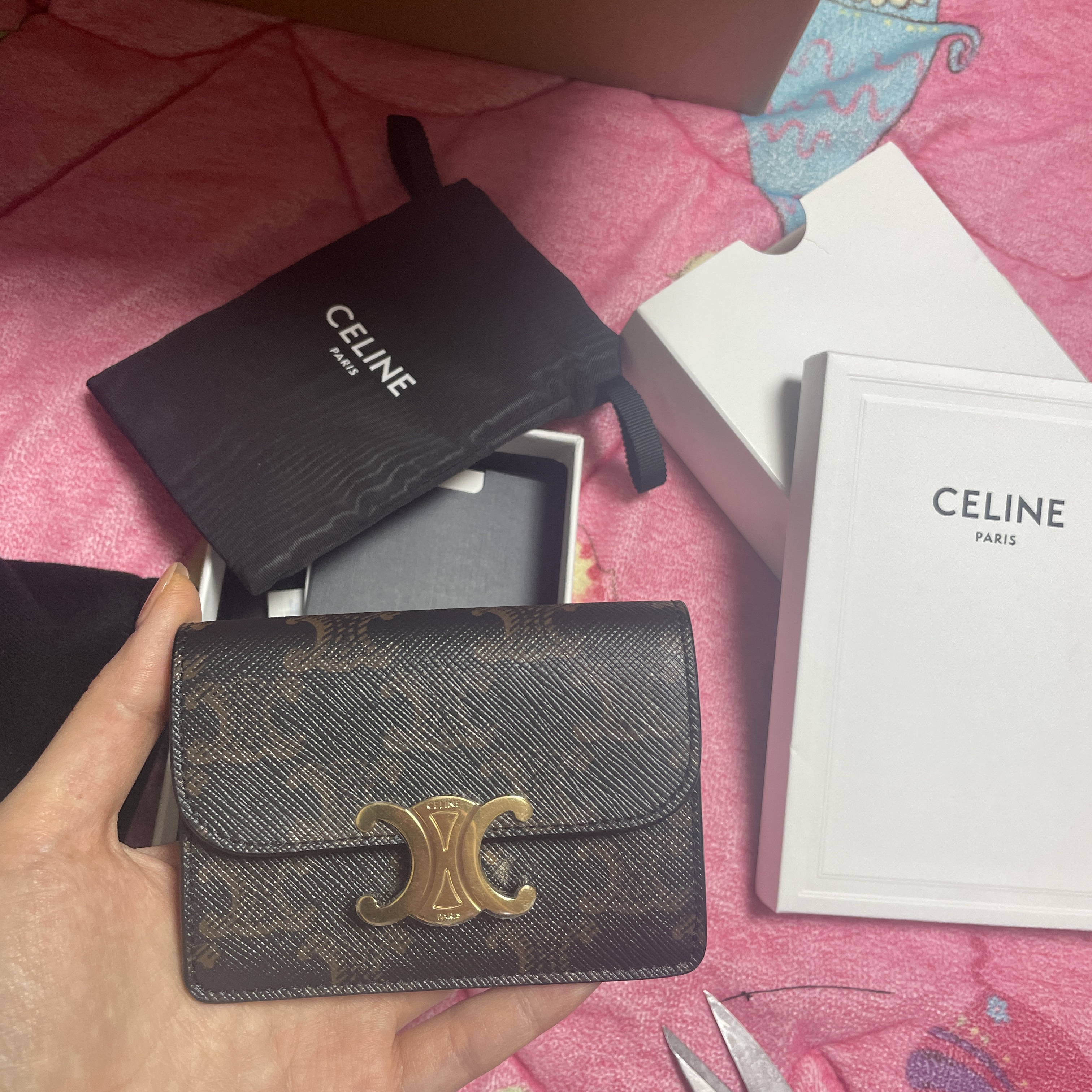 Celine Card Holder with Flap in Triomphe Canvas Tan 착용 스타일
