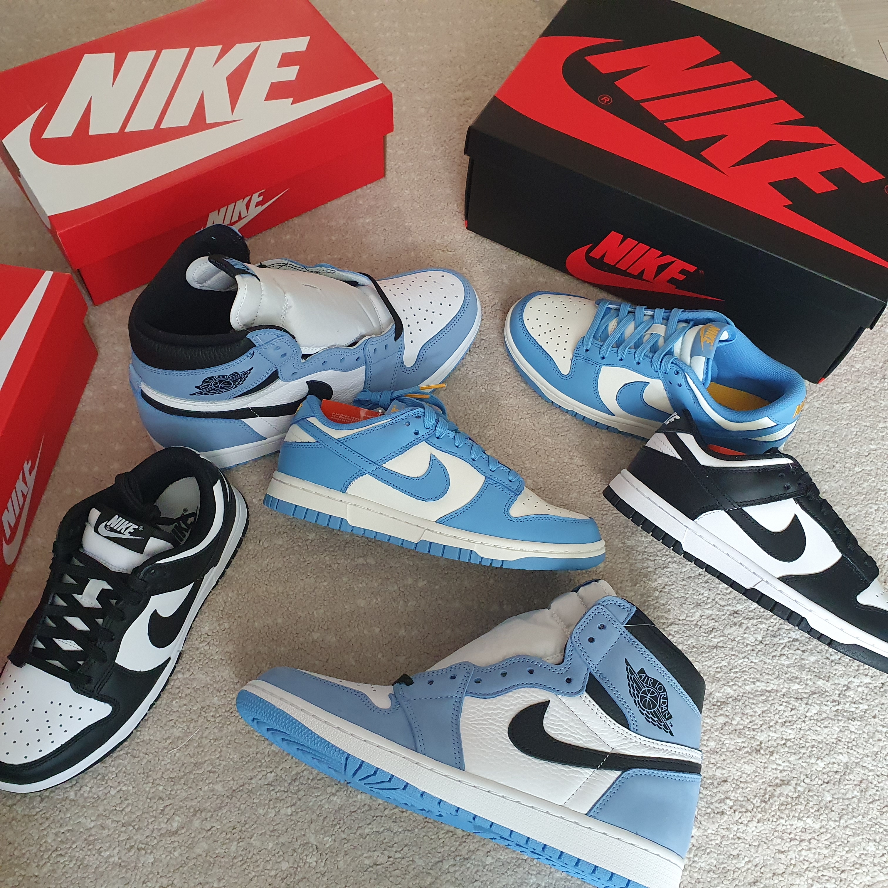 Jordan 1 Retro High OG University Blue, Nike Dunk Low Retro Black 착용 스타일 - 1